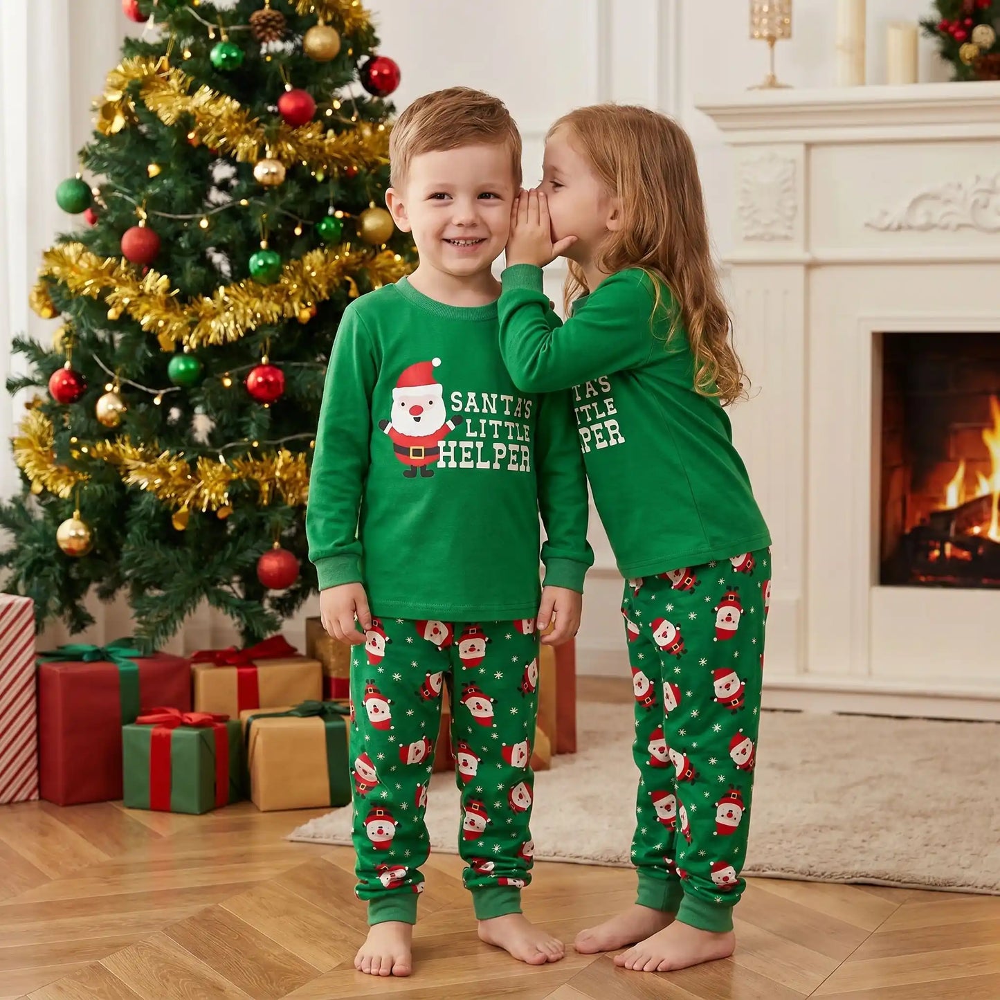petite fille en pyjama de noël bébé vert rouge avec des motifs de père noël qui chuchote un secret à l'oreille de son frère dans un salon avec un sapin de noël derrière