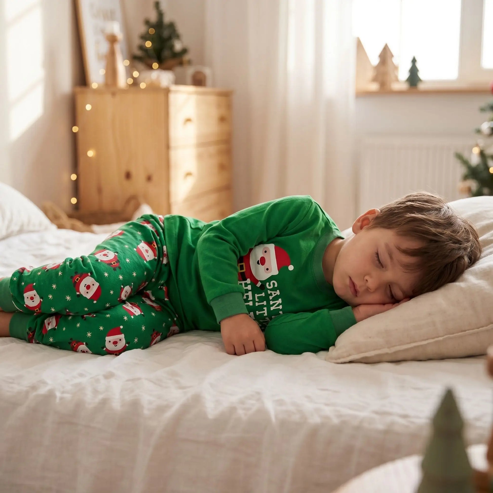 petit garçon qui dort dans son lit en pyjama de noël enfant vert et rouge en coton
