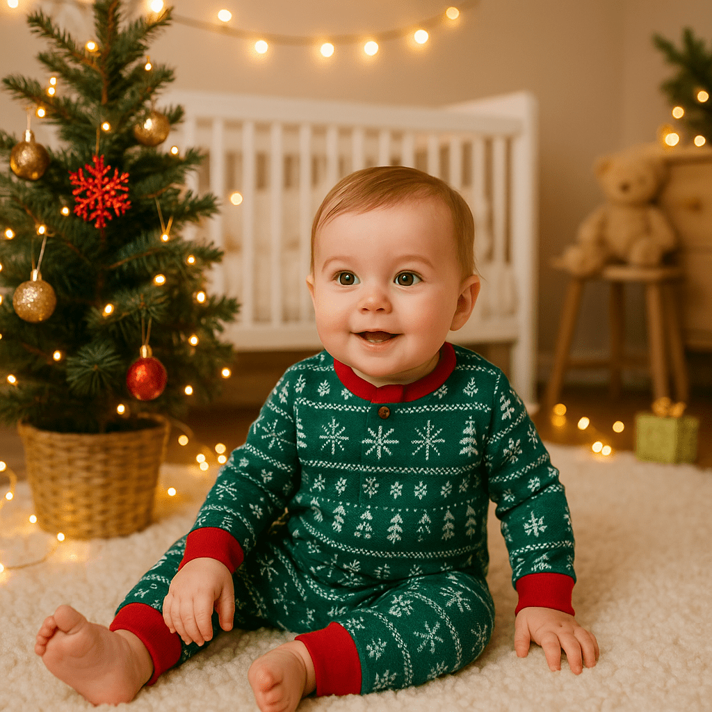 bébé dans un pyjama noel famille assorti en barboteuse sapin vert