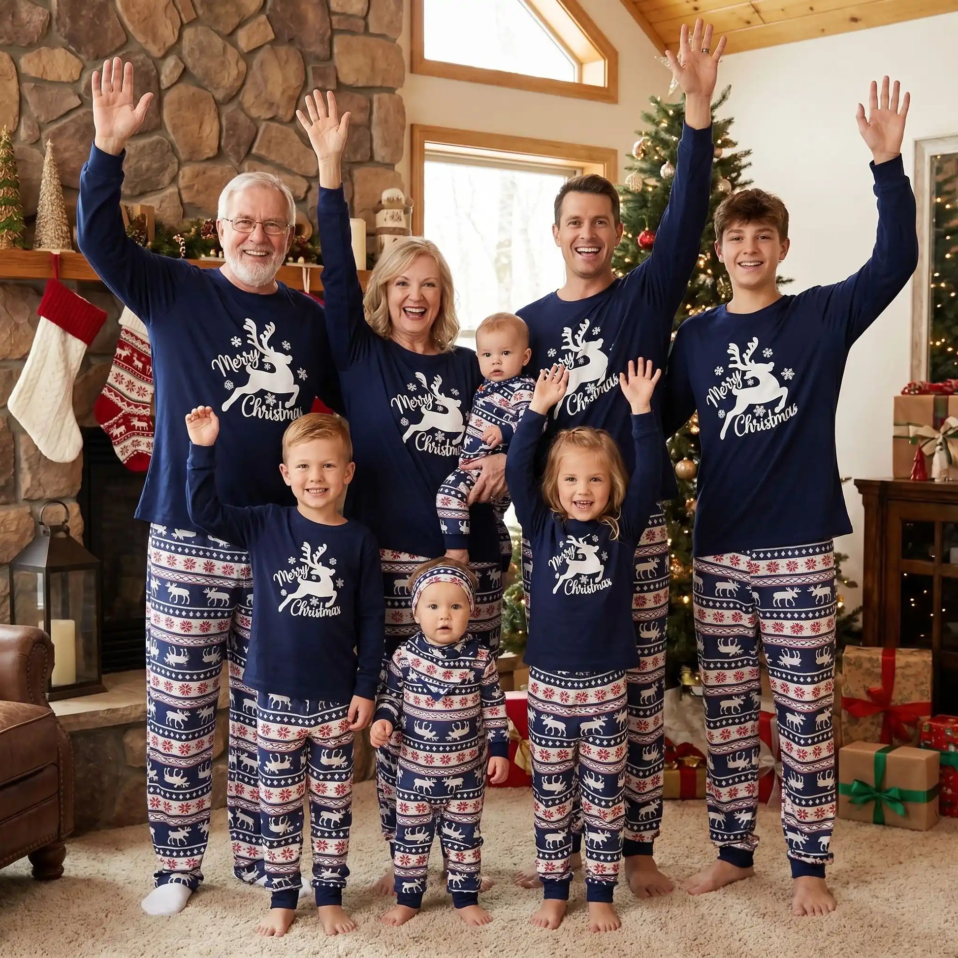 famille entière habillés d'un même pyjama noël famille bleu avec majoritairement du coton 