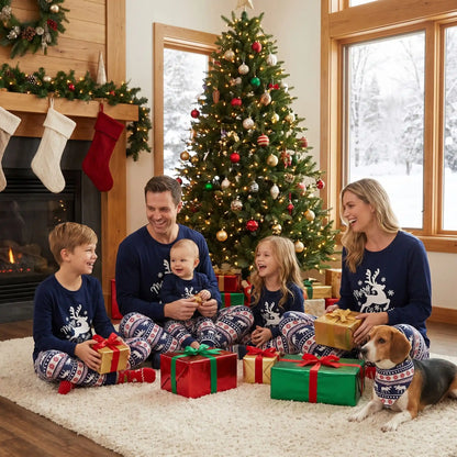 famille réunie autour du sapin qui déballe les cadeaux avec leur pyjama noël famille assorti en coton de qualité