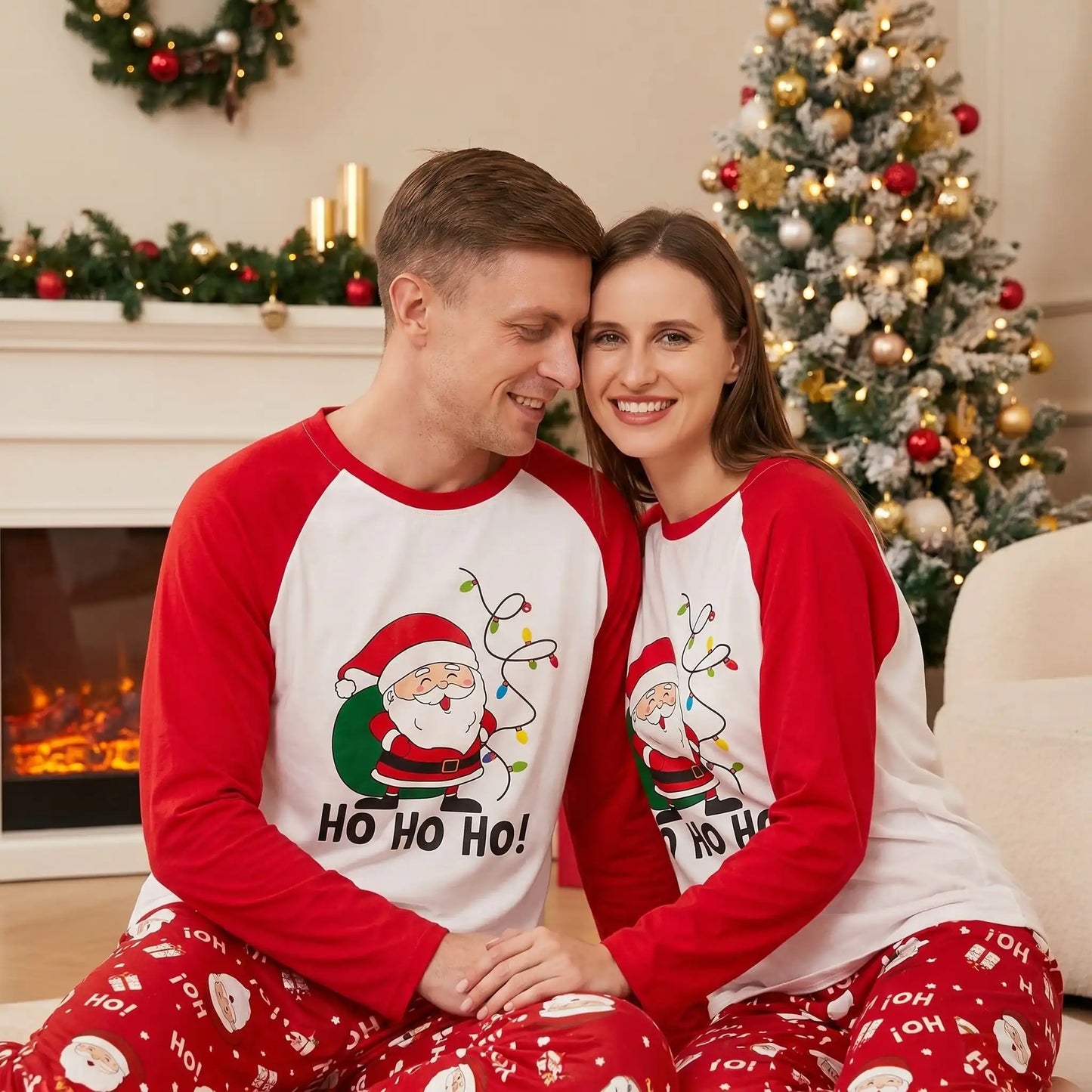 pyjama noel famille couple assorti rouge et blanc avec motif père noël