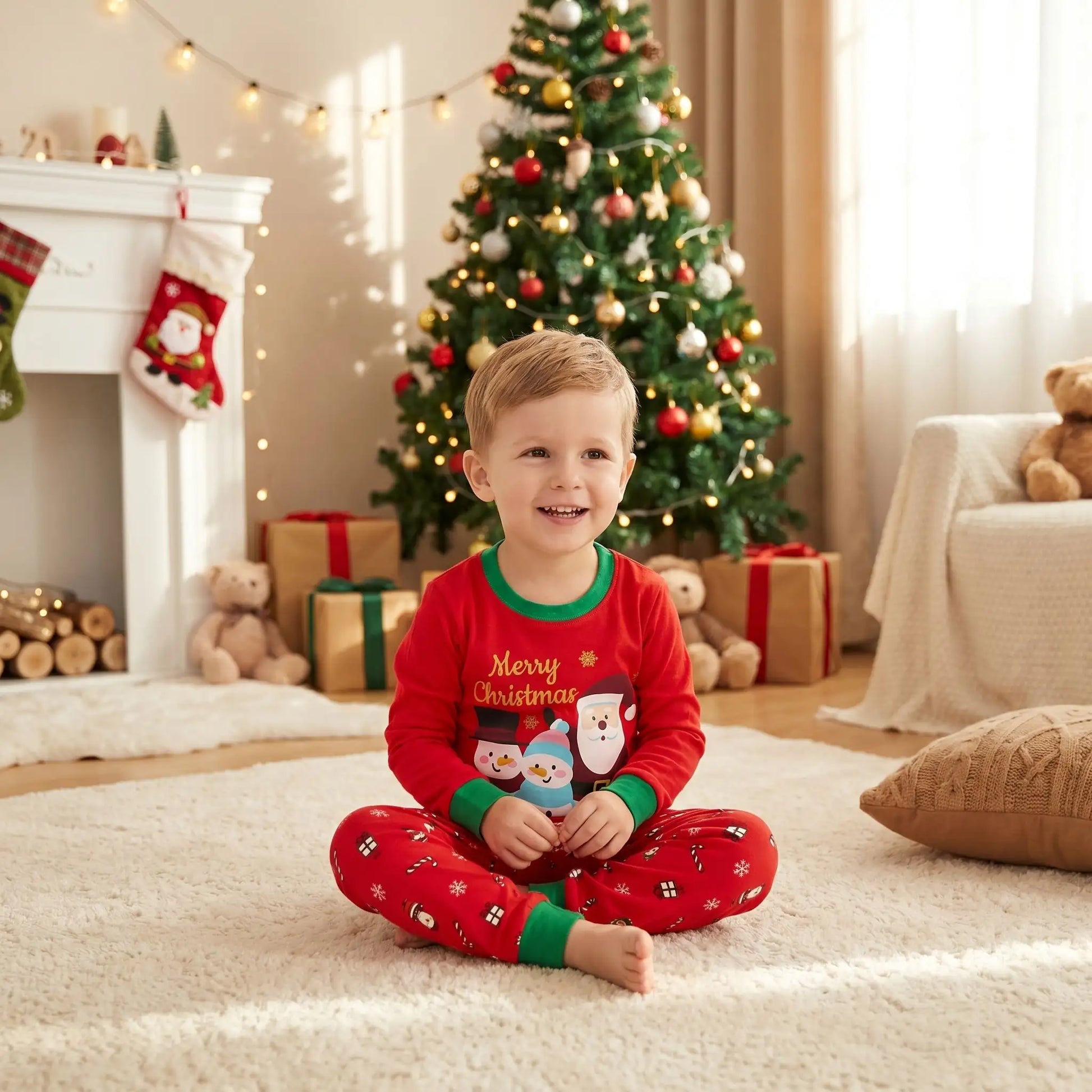 petit garcon assis au sol sur un tapis en pyjama de noel pour garcon avec des bonhommes de neige
