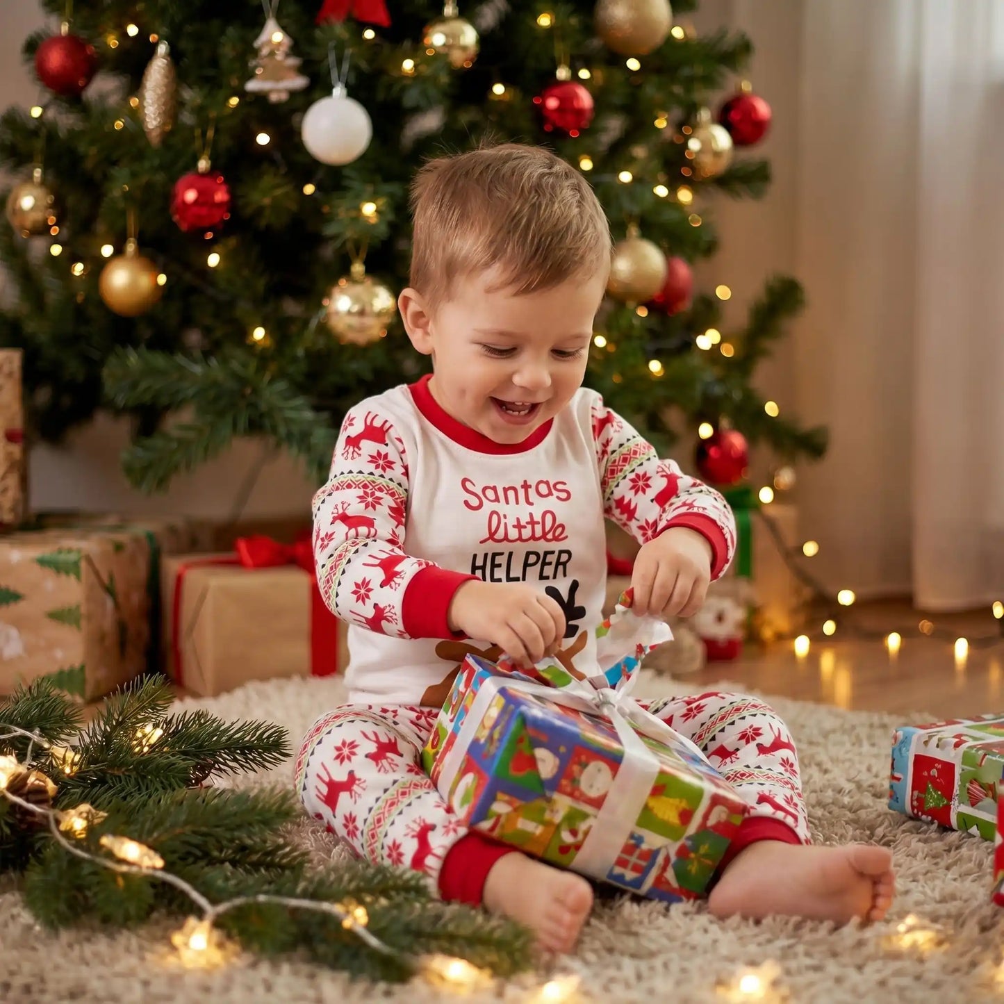 petit garçon en pyjama de noël pour garçon qui déballe ces cadeaux le matin de noël