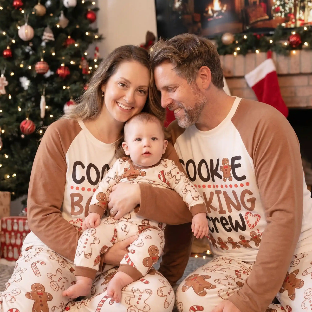 pyjama noel papa maman bébé et pour couple avec imprimé biscuits de noël crème 
