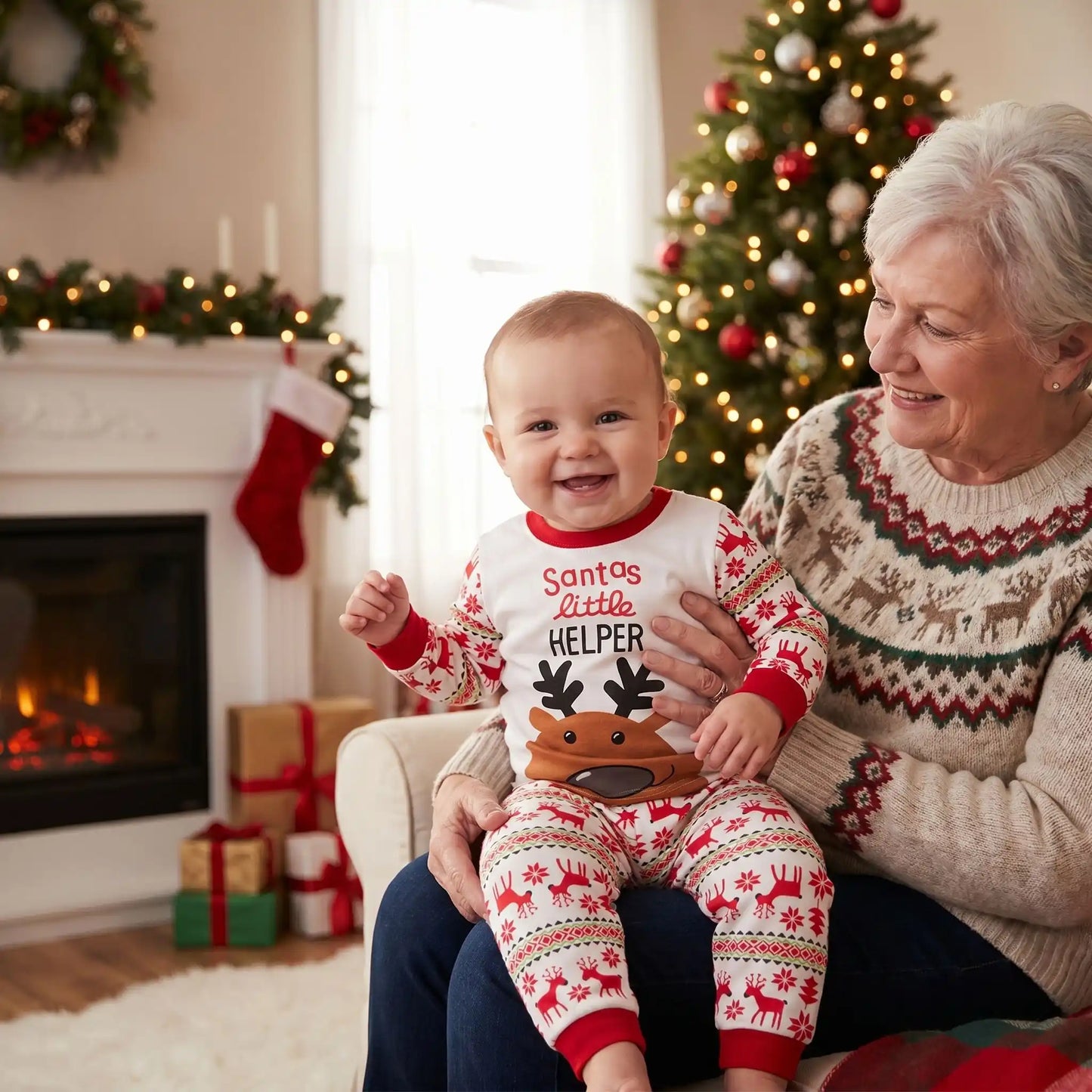 bébé en pyjama noël pour bébé en coton avec des rennes rouge et blanc assis sur les genoux de sa grand-mère