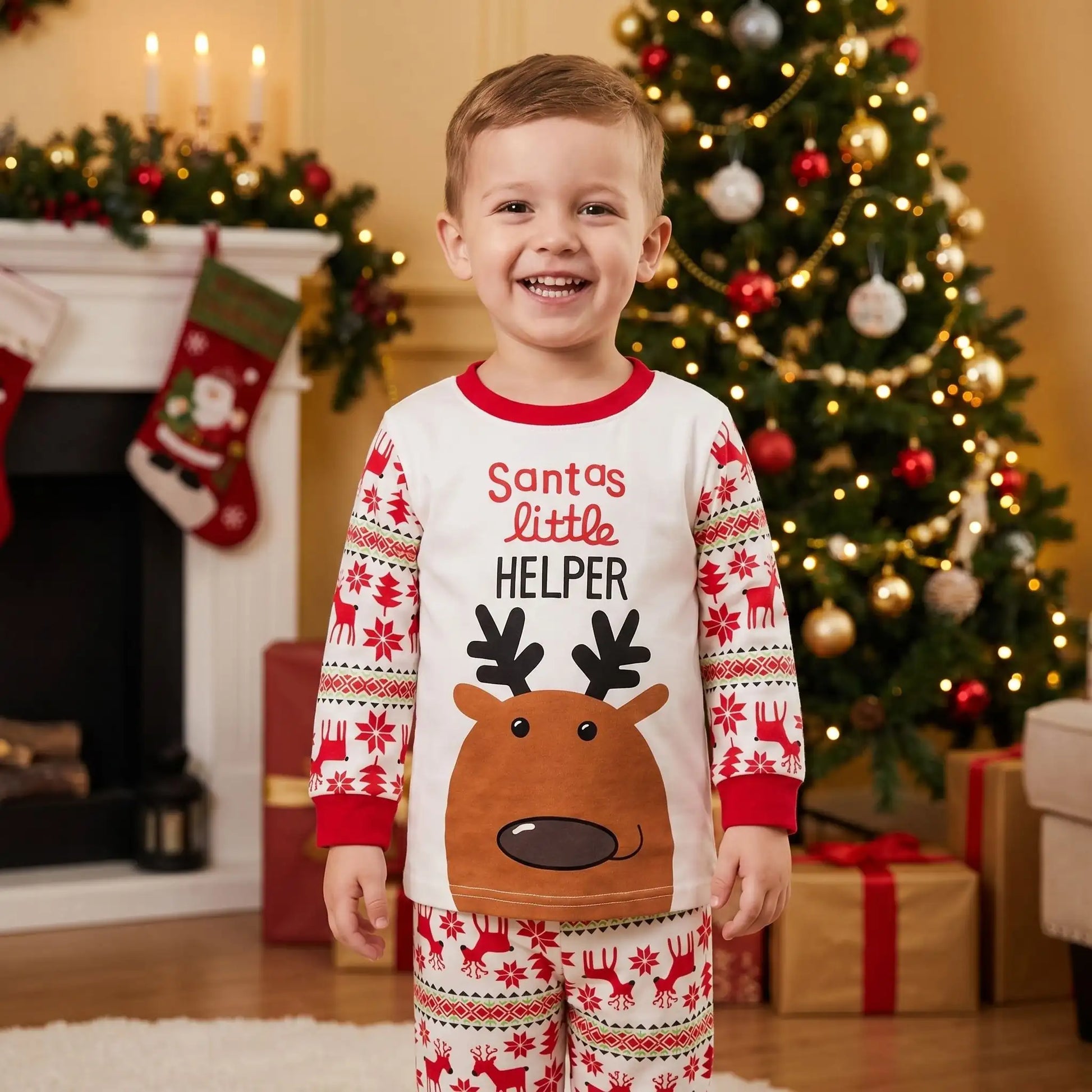petit garçon dans un salon avec un sapin de noël derrière lui habillé d'un pyjama noël pour bébé en coton avec des rennes rouges dessus sur fond blanc