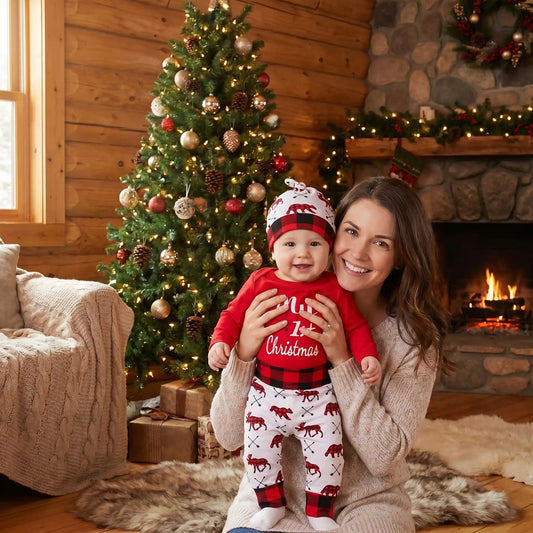 maman qui prend la pose avec son bébé avec son pyjamas bebe noel ensemble 3 pièces coton