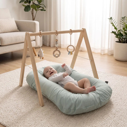 Bébé souriant, confortablement installé dans son réducteur de lit cocon couleur bleu lac, jouant sous un portique d'éveil en bois posé sur un tapis douillet dans le salon
