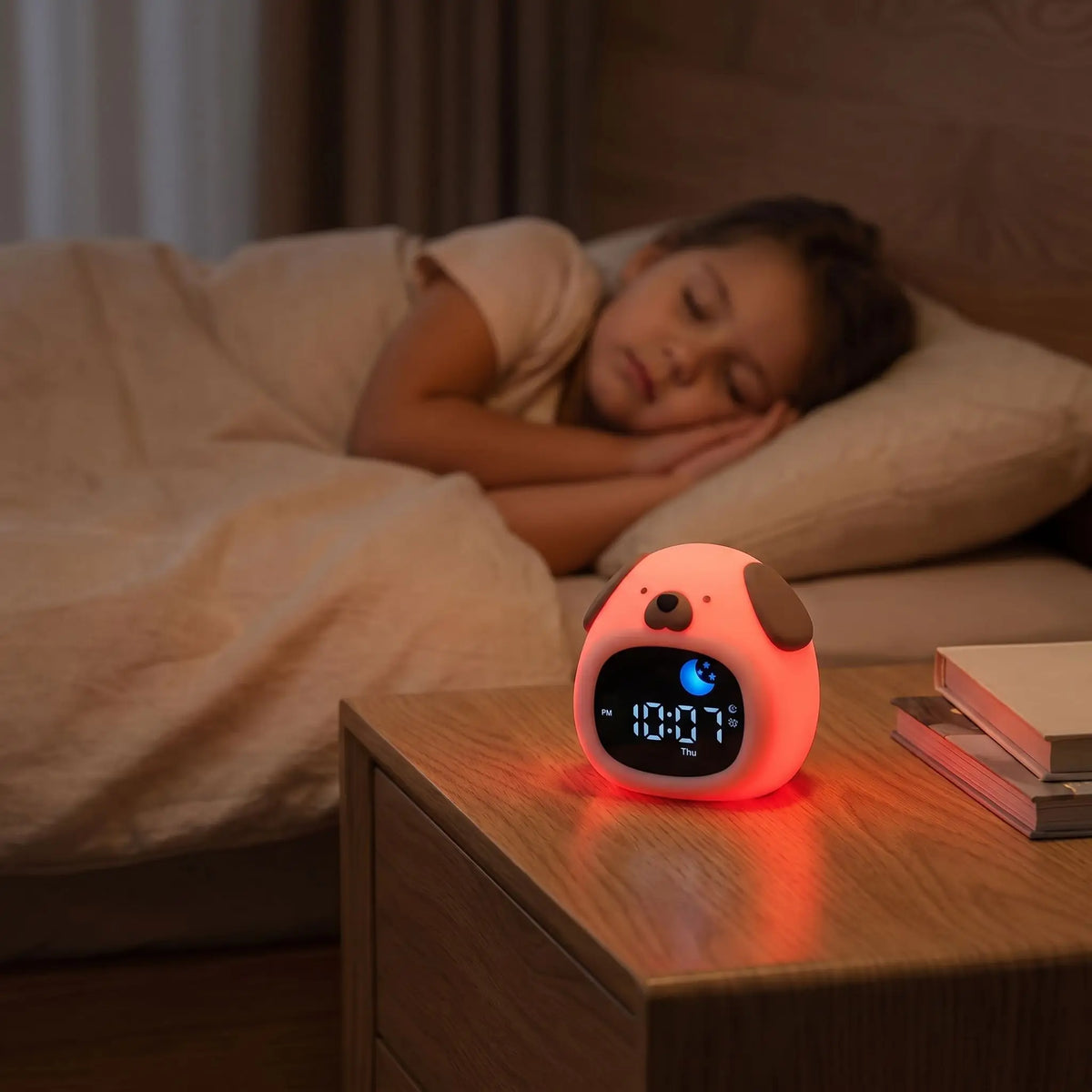 Un réveil éducatif pour enfant en forme de petit chien (modèle 8 x 12 cm), allumé avec une douce veilleuse rouge et affichant 10:07 à côté du lit d'une petite fille qui dort sur une table de chevet en bois de nuit.