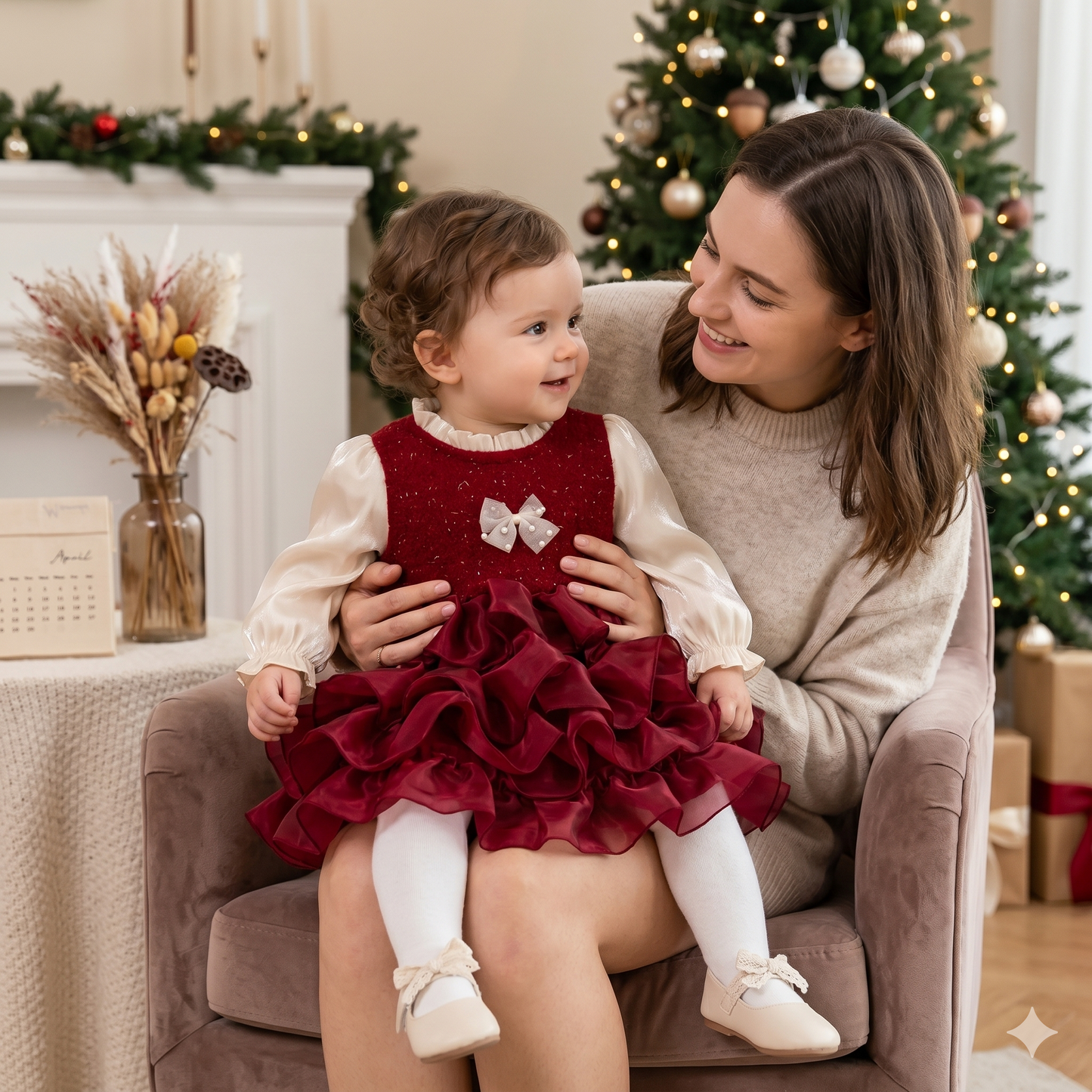 bébé assis sur les genoux de sa maman habillée d'une robe de noël bébé et petite fille pour 9 à 3 ans avec des volants rouges et un chemisier à manches longues crème
