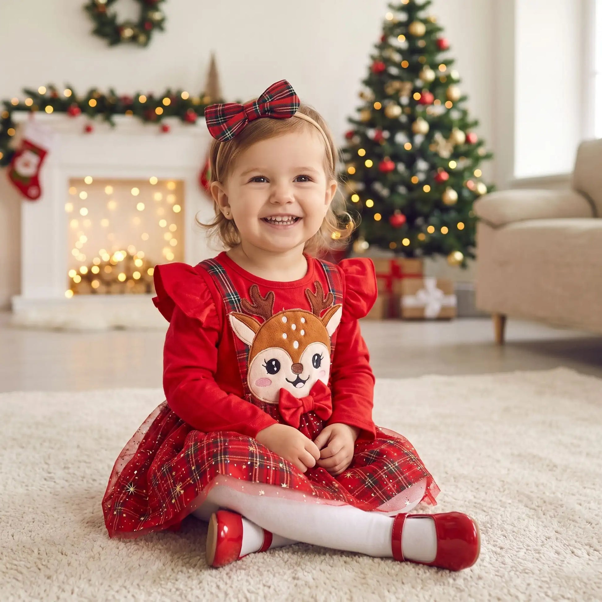 petite fille assise sur un tapis moelleux blanc habillée d'une robe de Noël bébé fille rouge avec un grand patch brodé de petit renne au nœud papillon et jupe en tulle rouge à étoiles dorées scintillantes par Petitpas et maman
