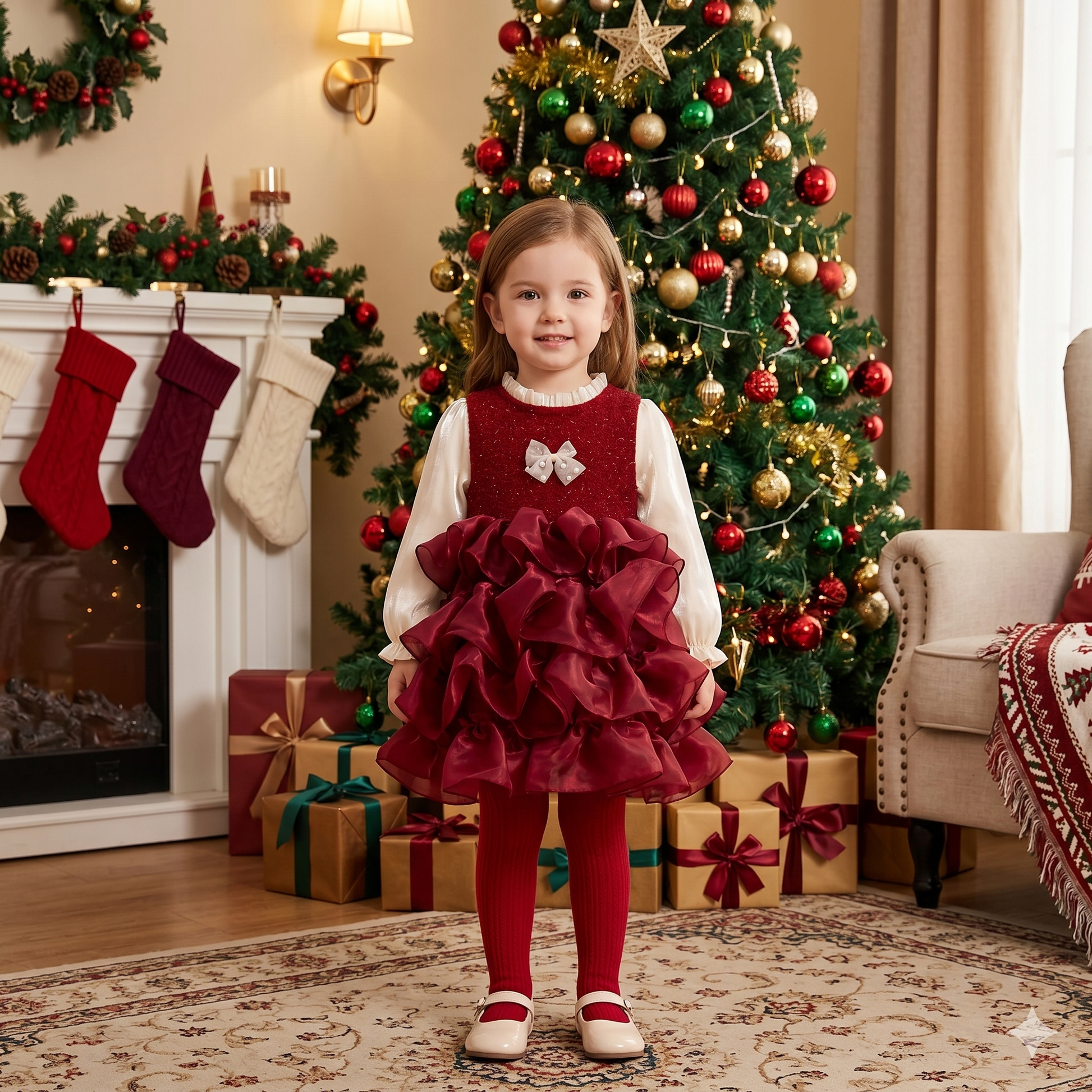 petite fille portant une Robe de Noël fille bordeaux avec jupon à volants rouges  princesse et manches longues crème