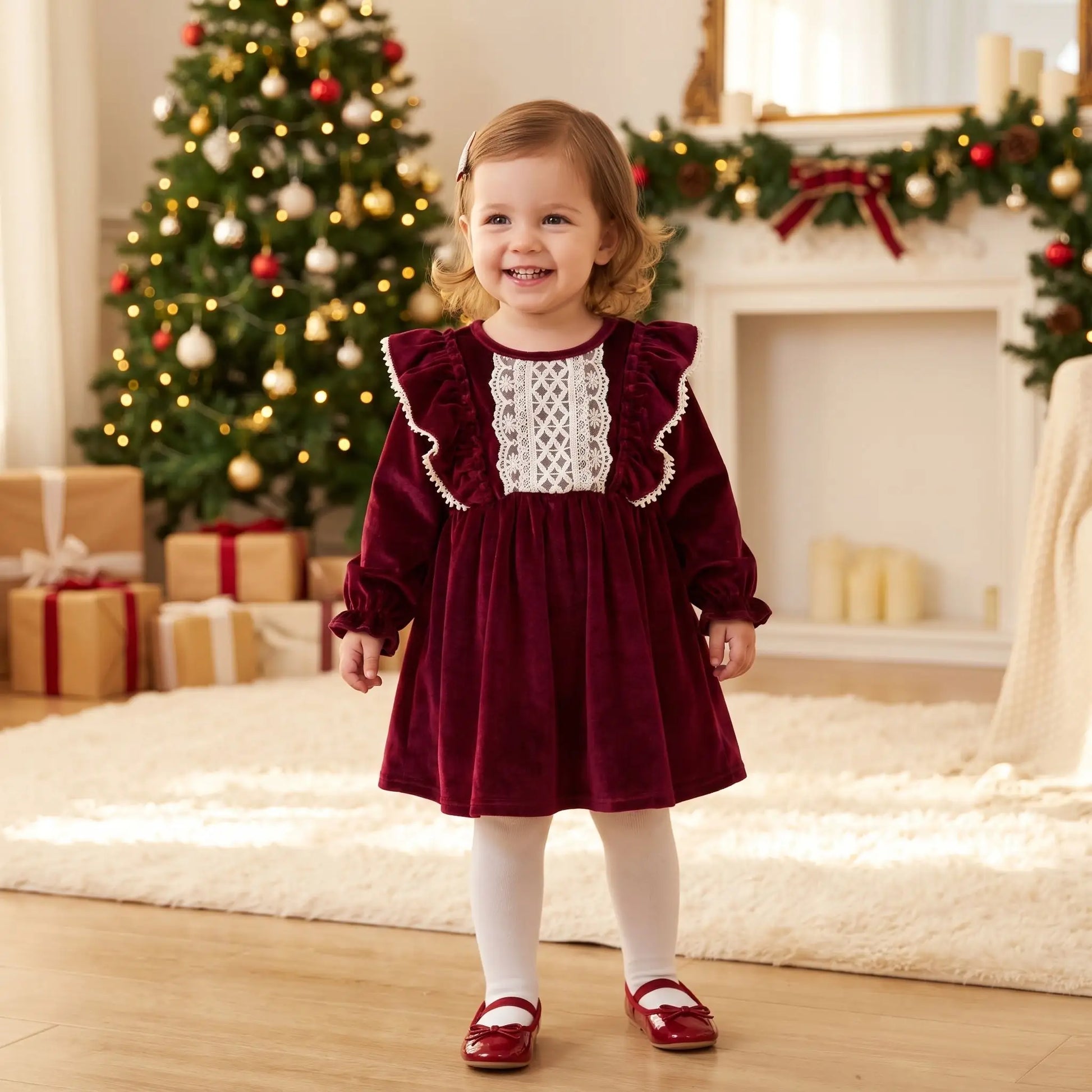 Robe de Noël bébé fille en velours rouge bordeaux avec plastron en dentelle blanche et volants, portée par une petite fille souriante avec des collants blancs et des petites ballerines rouges par la boutique Petitpas et maman