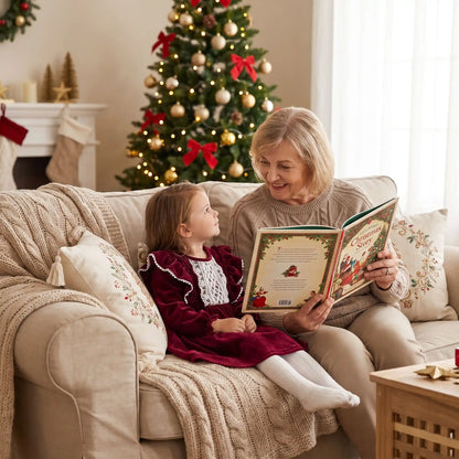 petite fille assise sur un canapé confortable avec sa grand mère qui lui lit un conte de noël habillée d'une robe de noël bébé fille pour réveillon style vintage avec dentelle