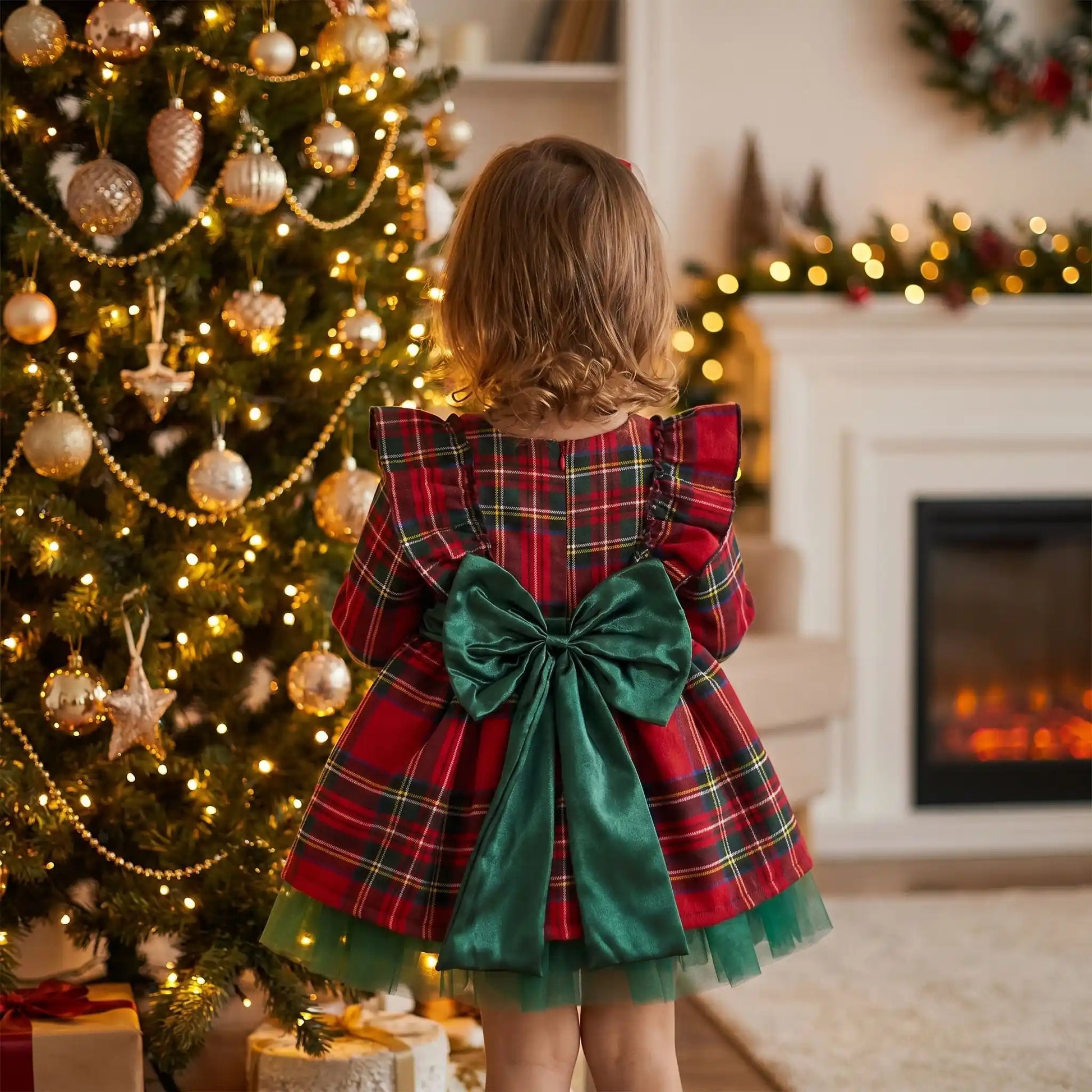 Détail de la robe de Noël fille manches longues à carreaux en coton et nœud vert dans le dos pour réveillon de 1 à 7 ans