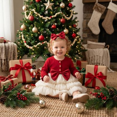 petite fille assise au pied du sapin avec une robe de noël fille roue et blanche pour fêtes