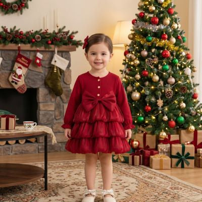 petite fille souriante devant un sapin de noël habillée d'une robe de noël fille rouge avec un nœud rouge devant