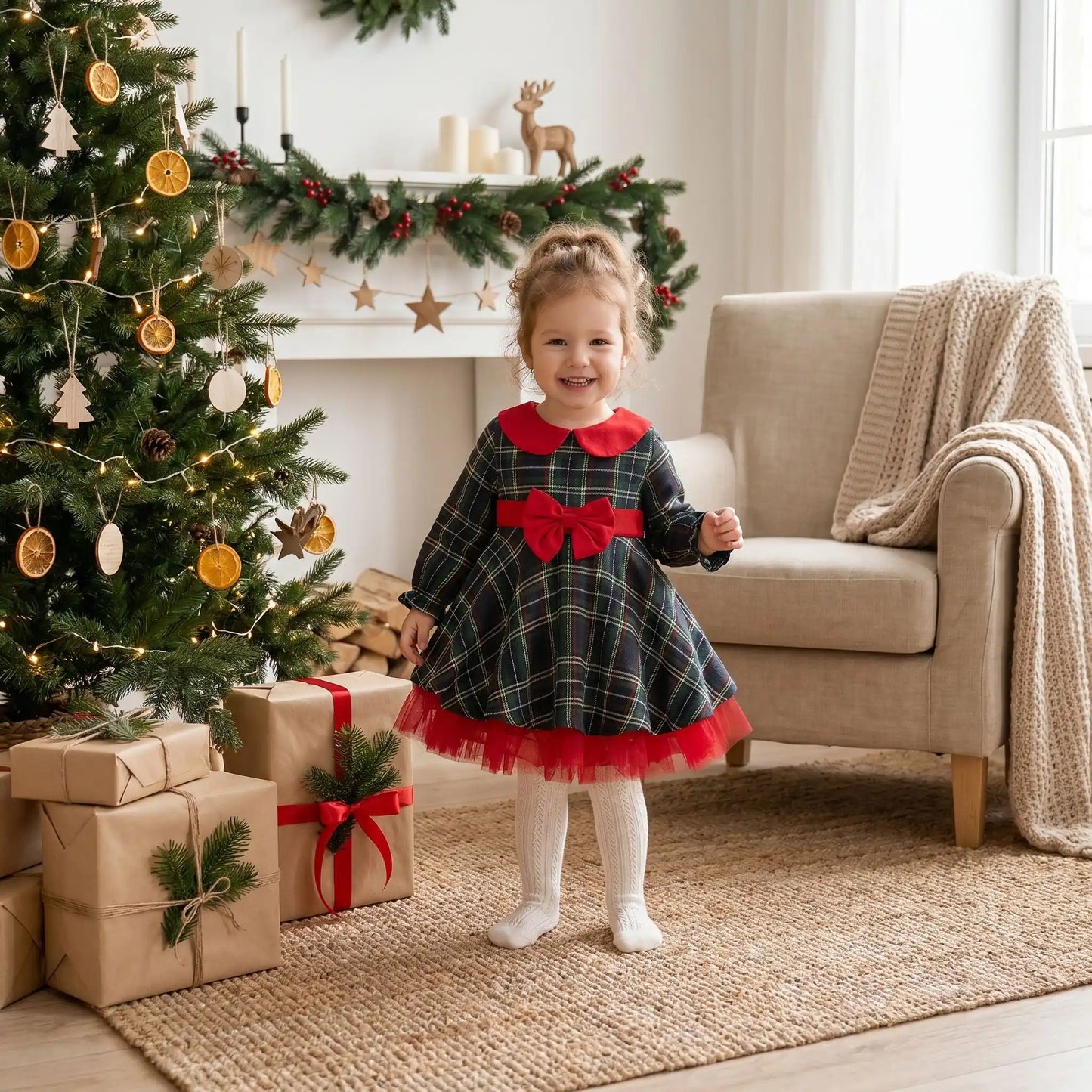 Robe de Noël fille à carreaux écossais verts et rouges avec col claudine bordure en tulle et nœud rouge