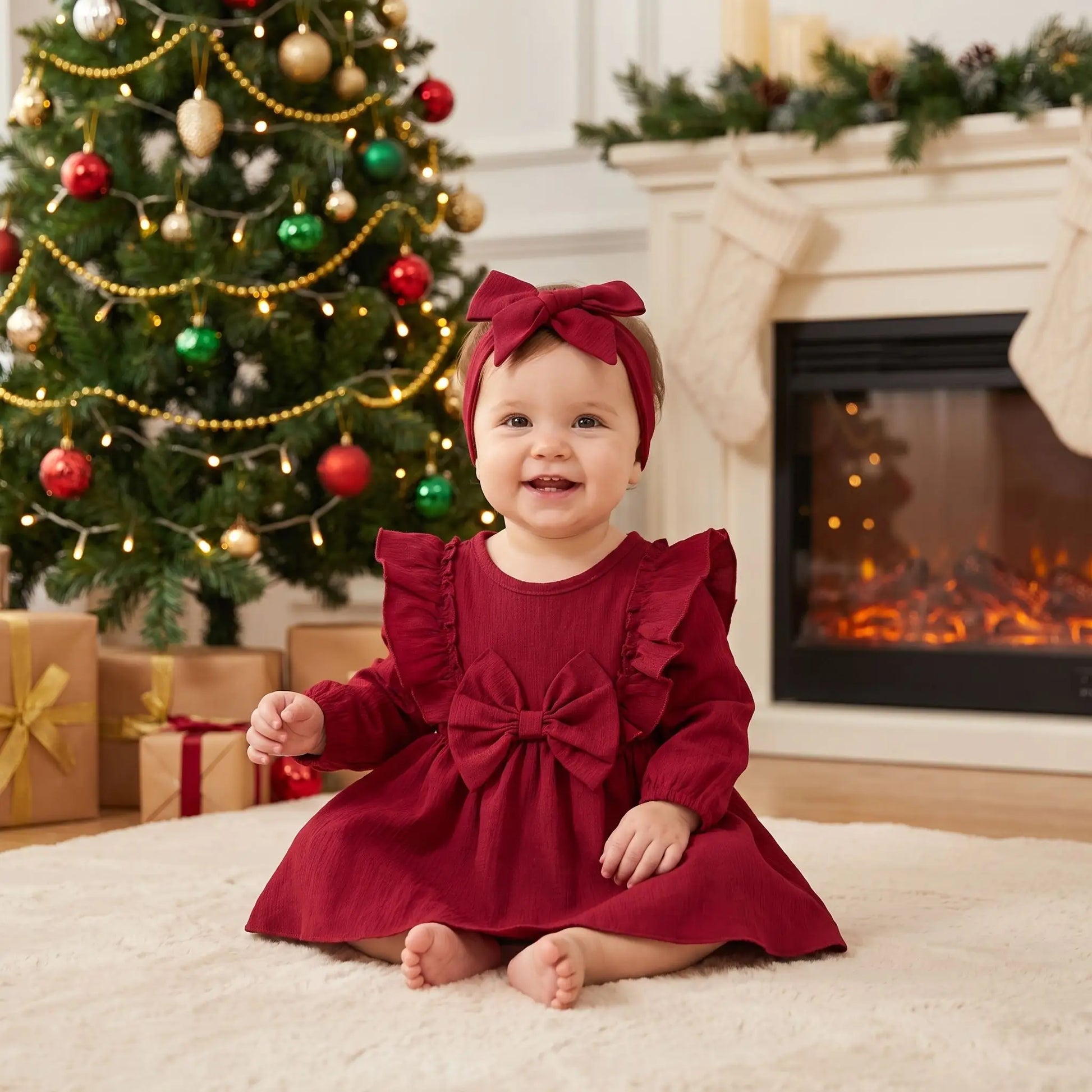 petite fille assise sur un tapis blanc moelleux avec sa robe de noel pour bébé fille rouge à volants avec bandeau assorti
