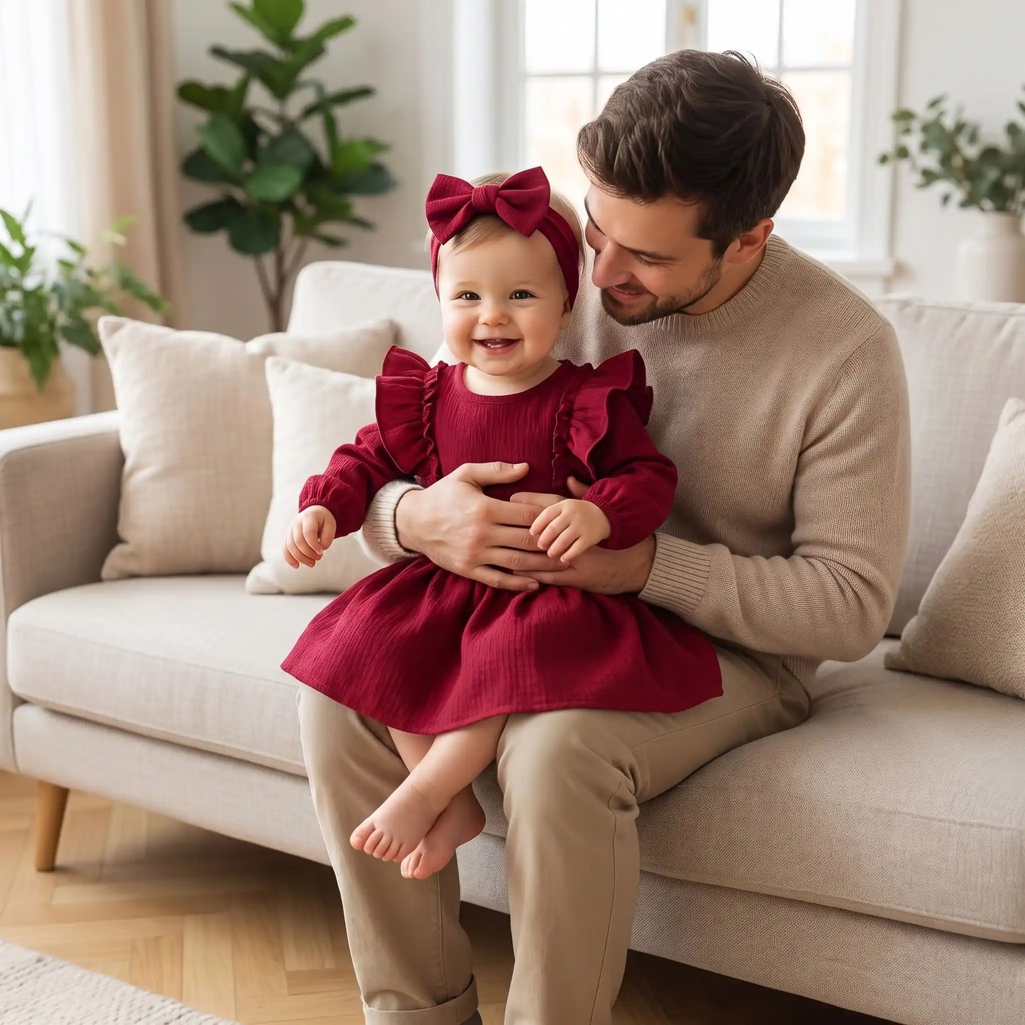 Robe de Noël bébé fille chic couleur rouge bordeaux à manches longues avec grands volants, nœud papillon à la taille et son bandeau bandeau assorti par Petitpas et maman