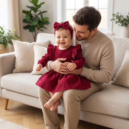 Robe de Noël bébé fille chic couleur rouge bordeaux à manches longues avec grands volants, nœud papillon à la taille et son bandeau bandeau assorti par Petitpas et maman