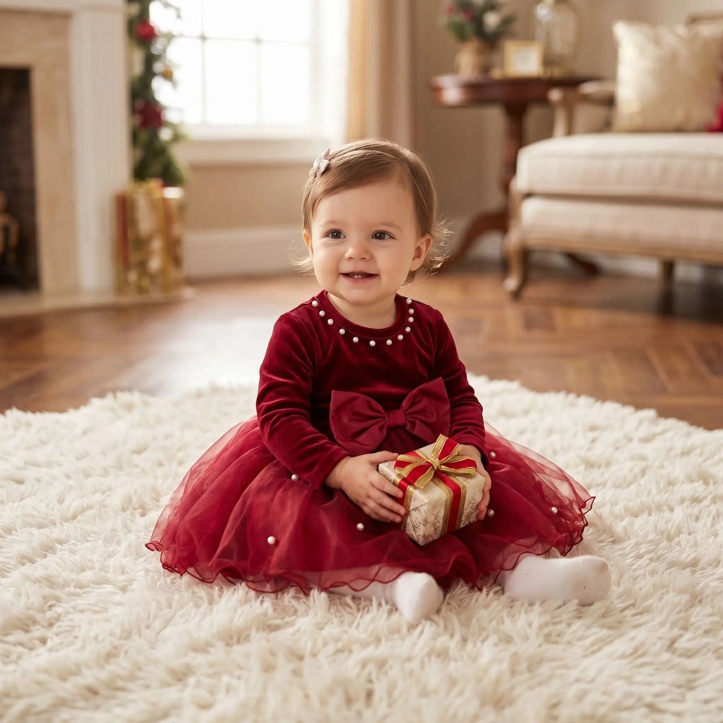 Robe de Noël rouge bordeaux pour bébé fille en coton doux avec col perlé et jupon en tulle