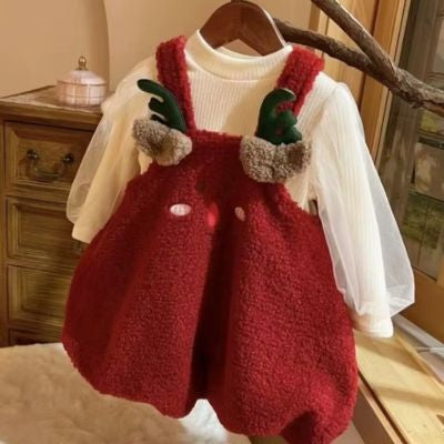 robe de noël pour petite fille rennes rouge et blanc coton