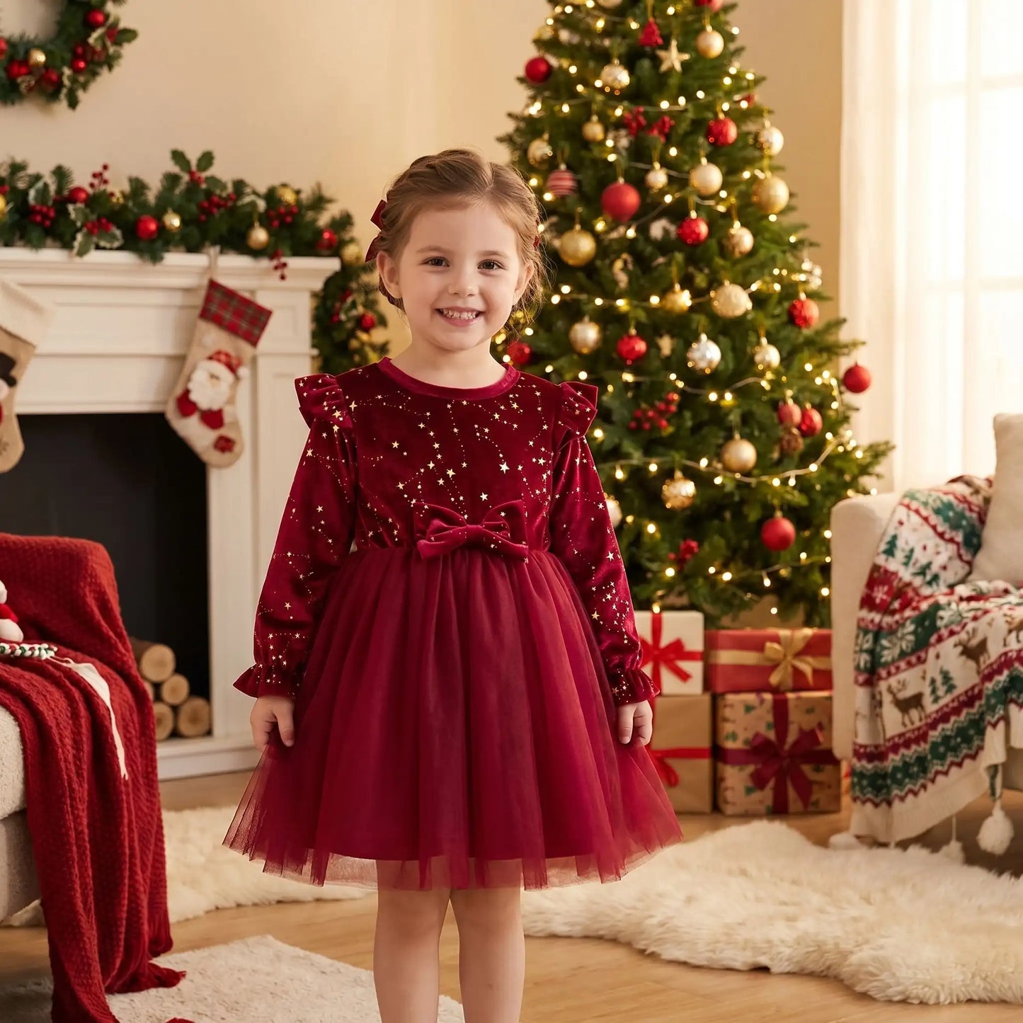 petite fille debout habillée d'une robe de noël bébé fille pour célébrer les fêtes