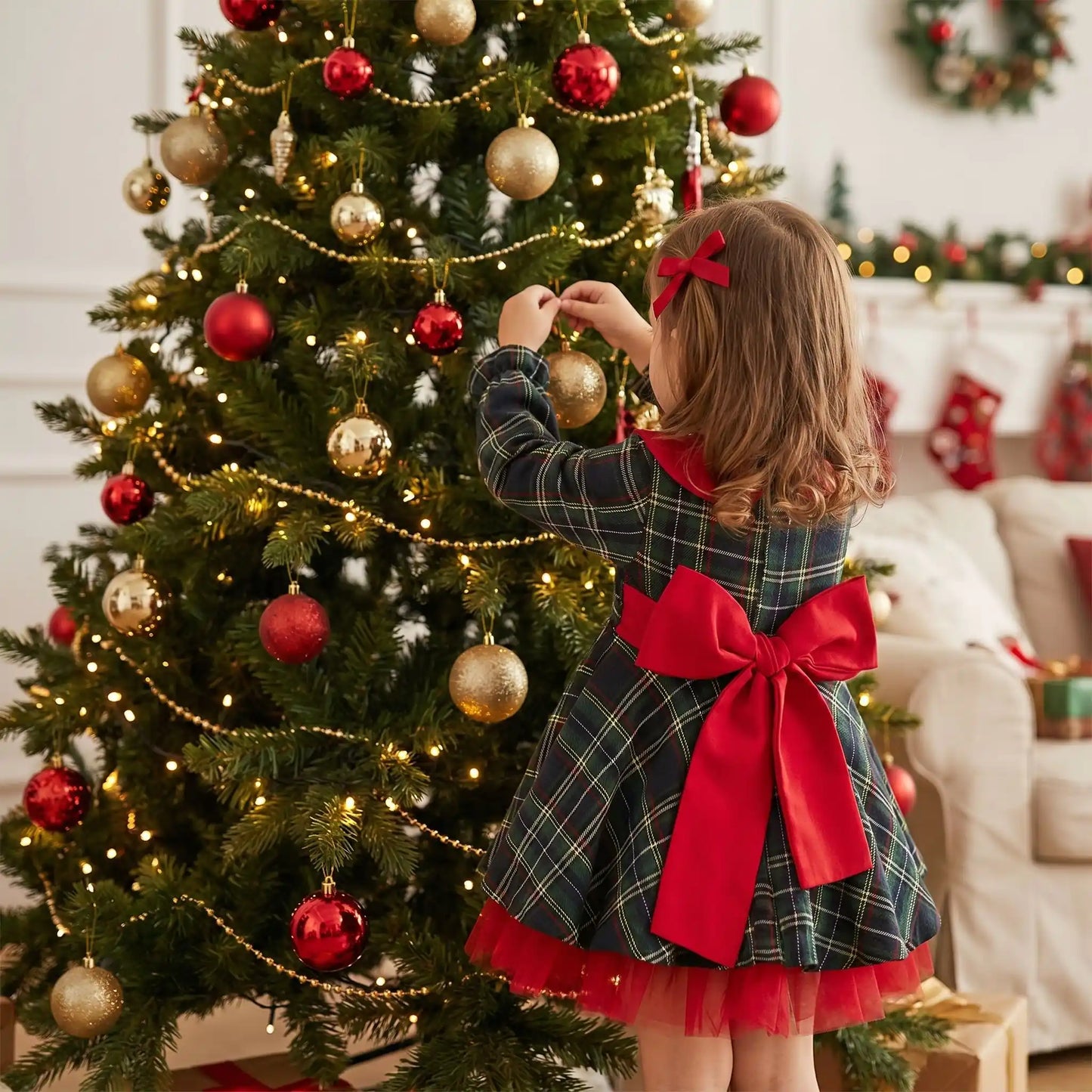 Dos de la robe pour noël de fête pour enfant avec un magnifique et grand nœud rouge majestueux