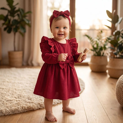 Robe de réveillon rouge pour nouveau-né et nourrisson en tissu texturé premium bordeaux avec finitions froncées de qualité pour grandes occasions d'hiver