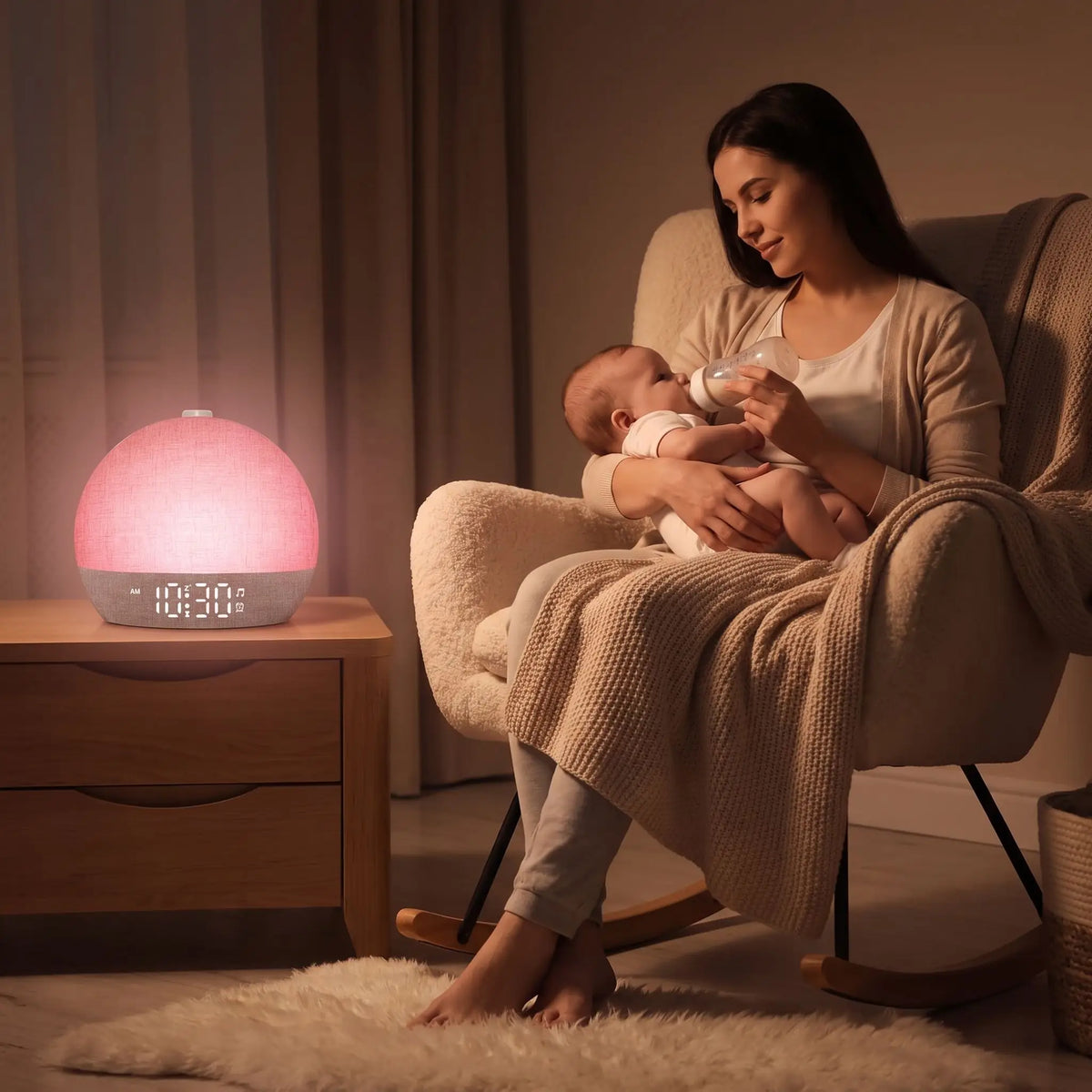 maman qui donne le biberon à son bébé avec un réveil simulateur d'aube pour l'allaitement