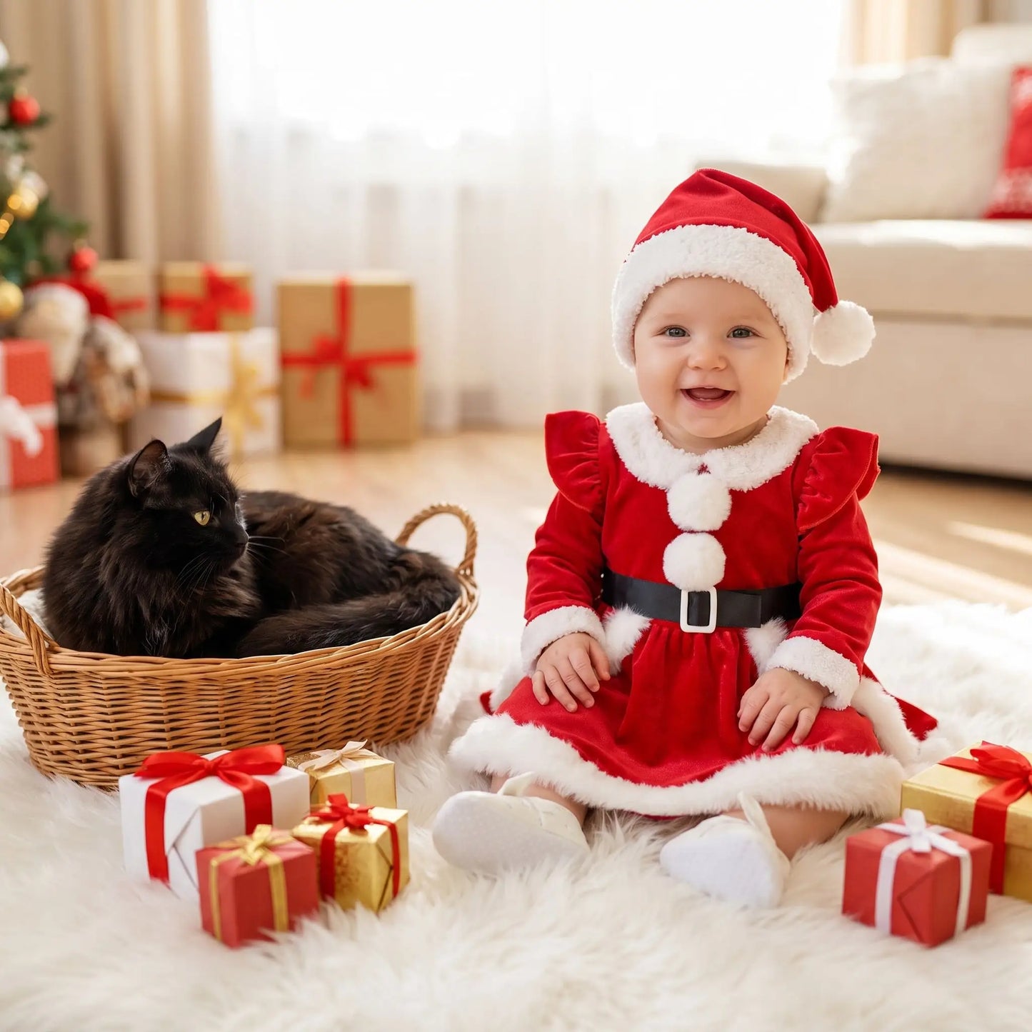 Robe de Noël rouge style velours pour bébé fille avec bordure en fausse fourrure et chapeau de Père Noël