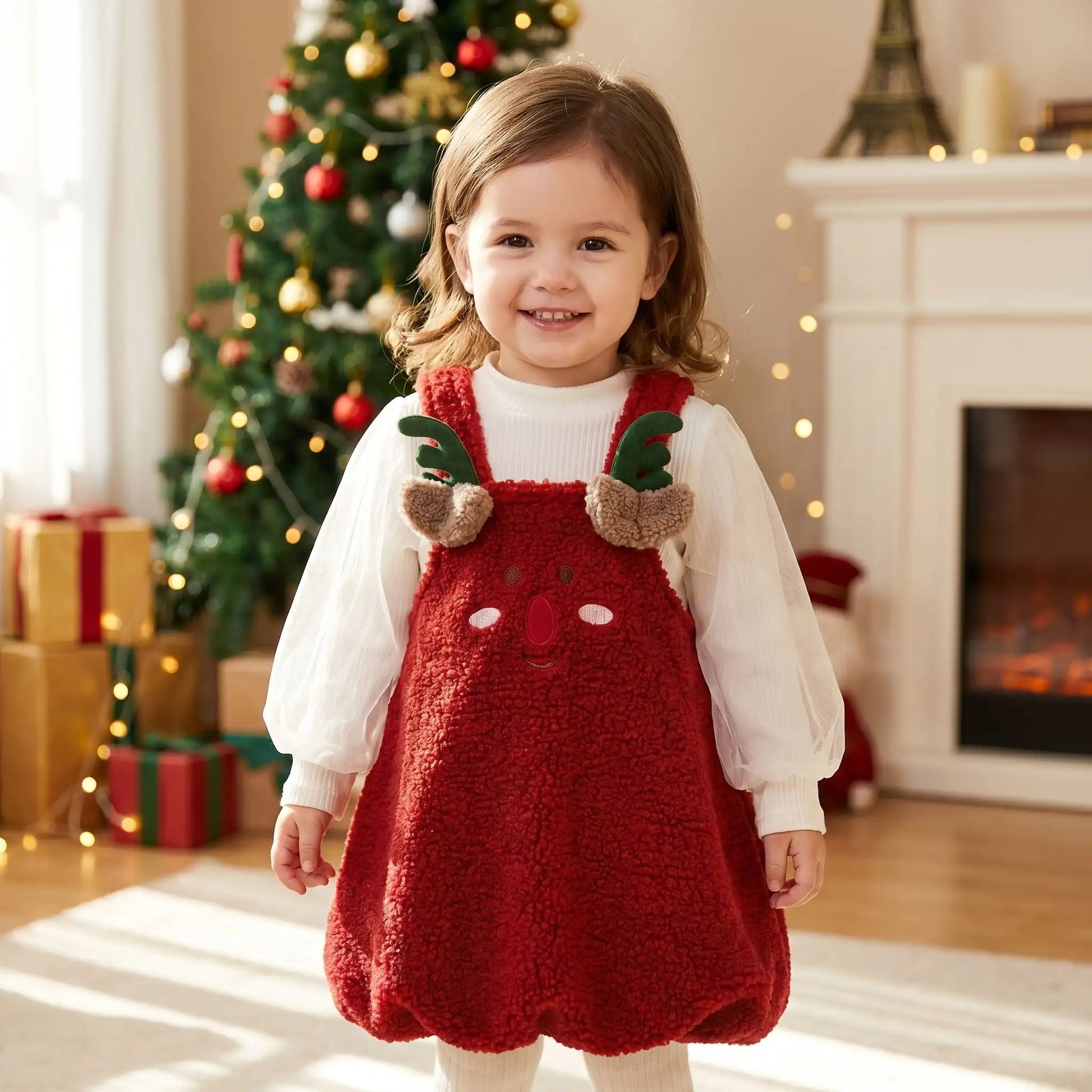 petite fille qui sourit avec une tenue de noël pour bébé fille original pour les fêtes