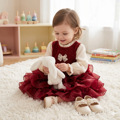 petite fille habillée d'une tenue de noel pour bébé fille rouge avec volants style princesse assise sur un tapis blanc moelleux qui joue avec son doudou lapin blanc 