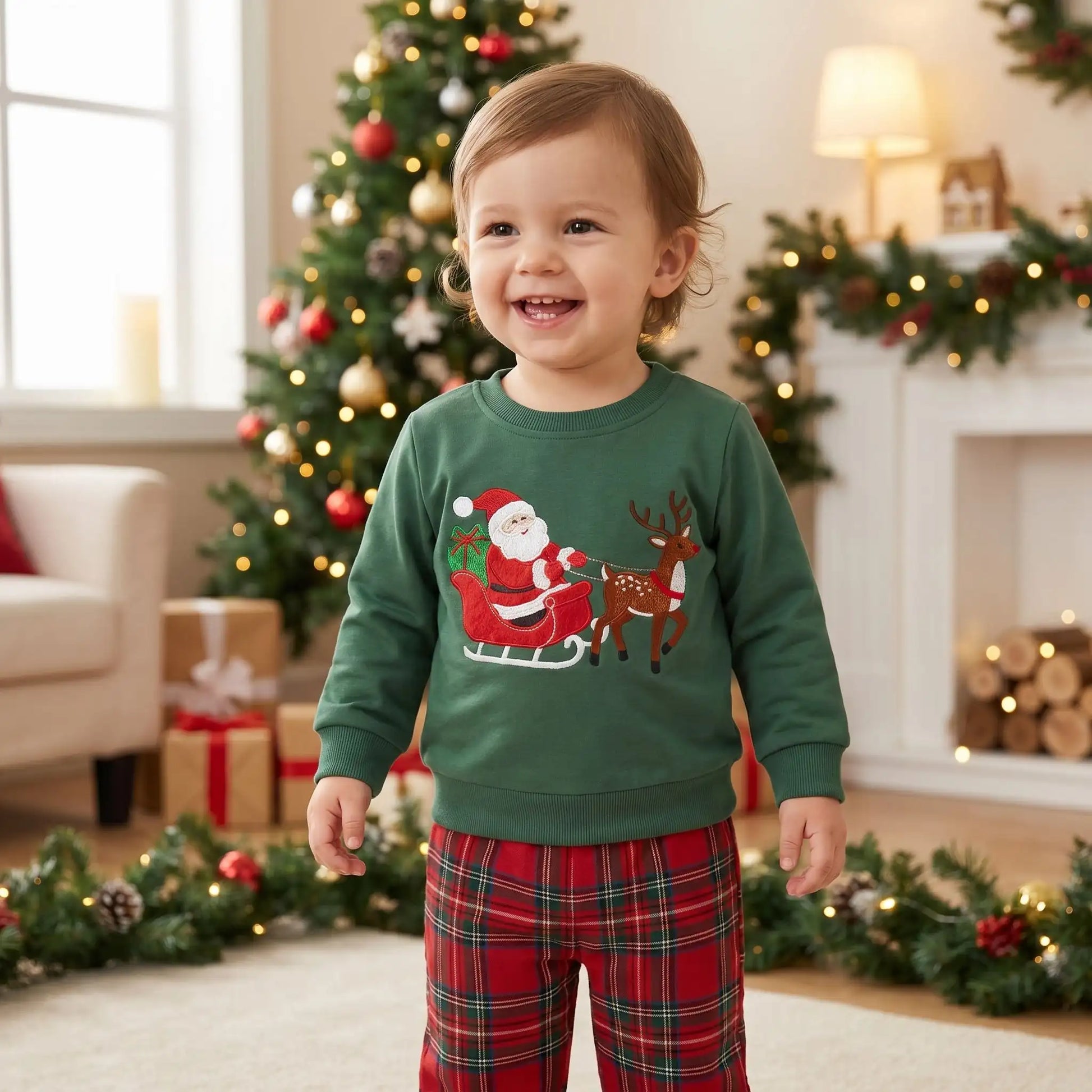 petit garçon debout devant un sapin de noël qui sourit habillé d'une tenue de noël pour garçon avec motif père noël et pantalon écossais rouge à carreaux