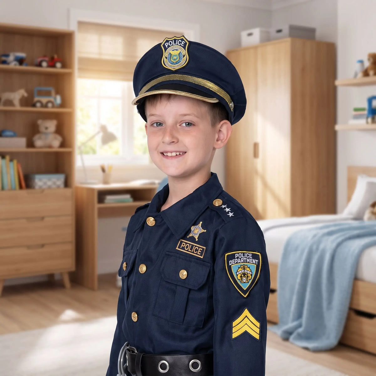 zoom avant sur la tenue de police enfant avec casquette sur un enfant souriant dans sa chambre