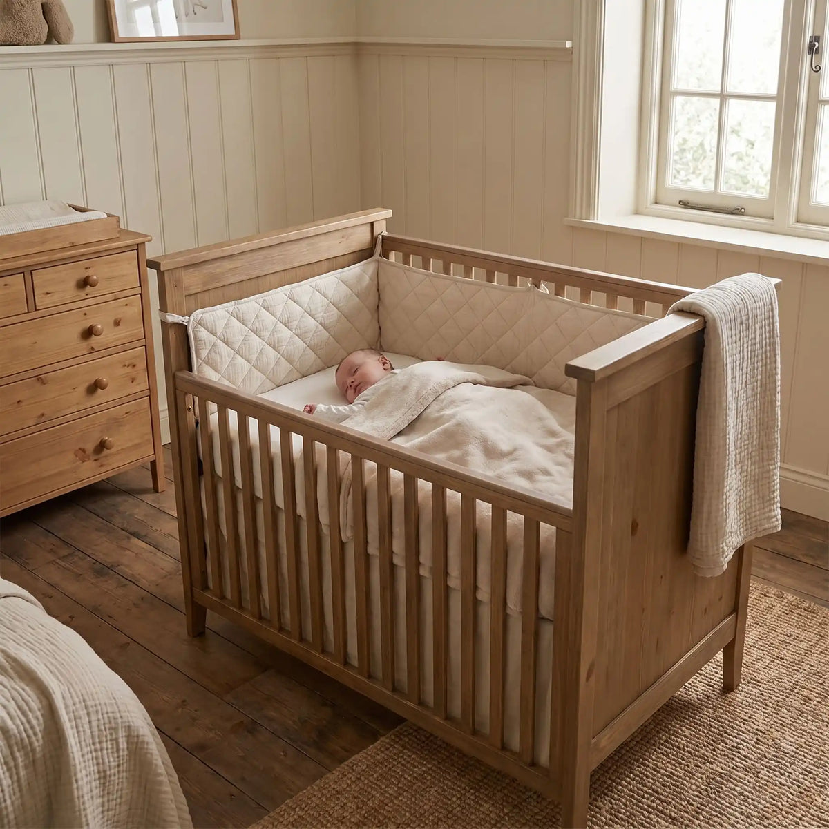 tour de lit bébé beige élégant pour protection barreaux de lit
