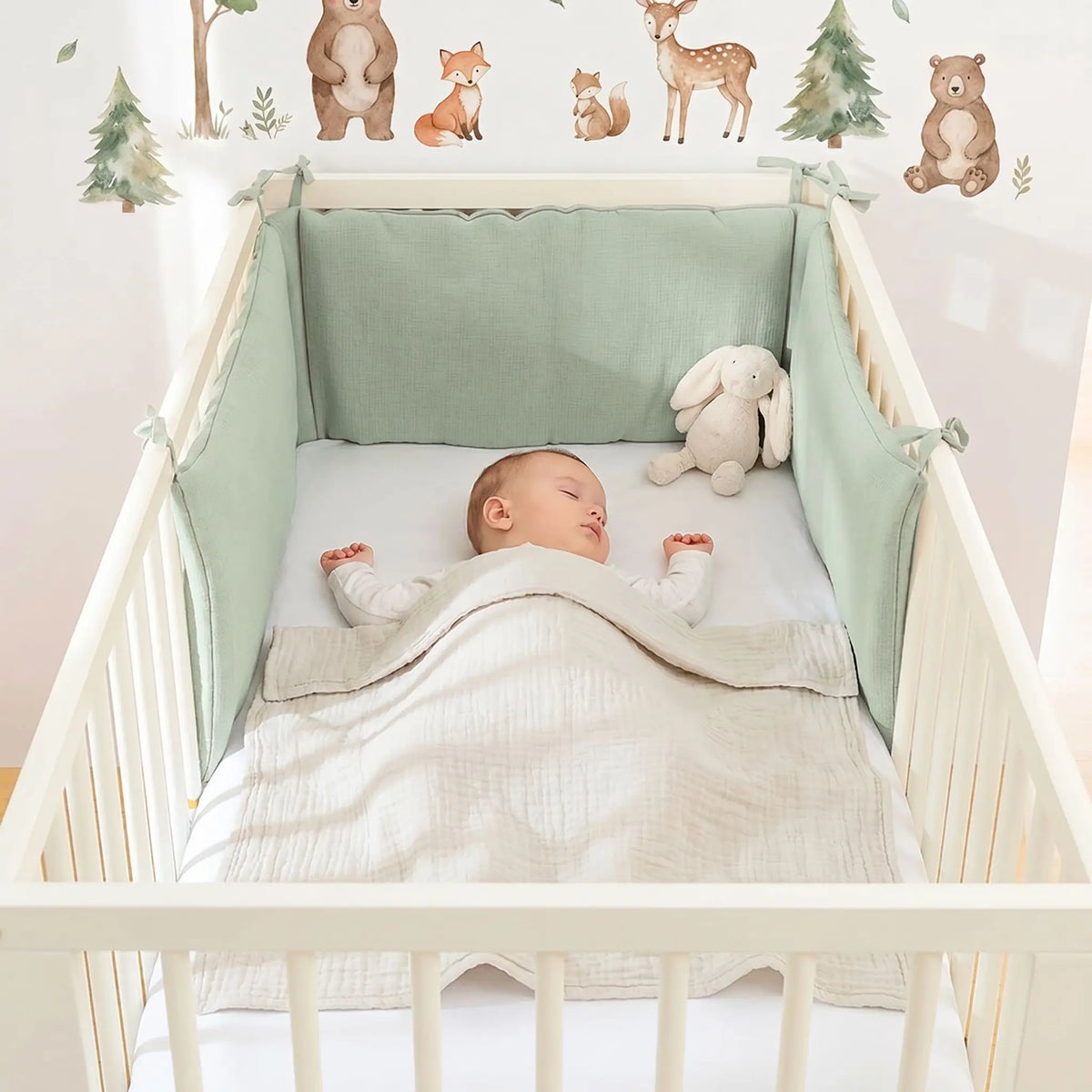 bébé qui dort dans un lit avec un tour de lit bébé gaze de coton bio vert papate
