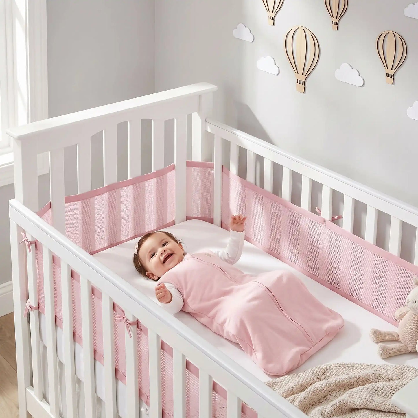 bébé fille dans sa gigoteuse qui sourit dans son lit à barreaux blanc avec un tour de lit respirant rose fixé par des liens tout autour du lit