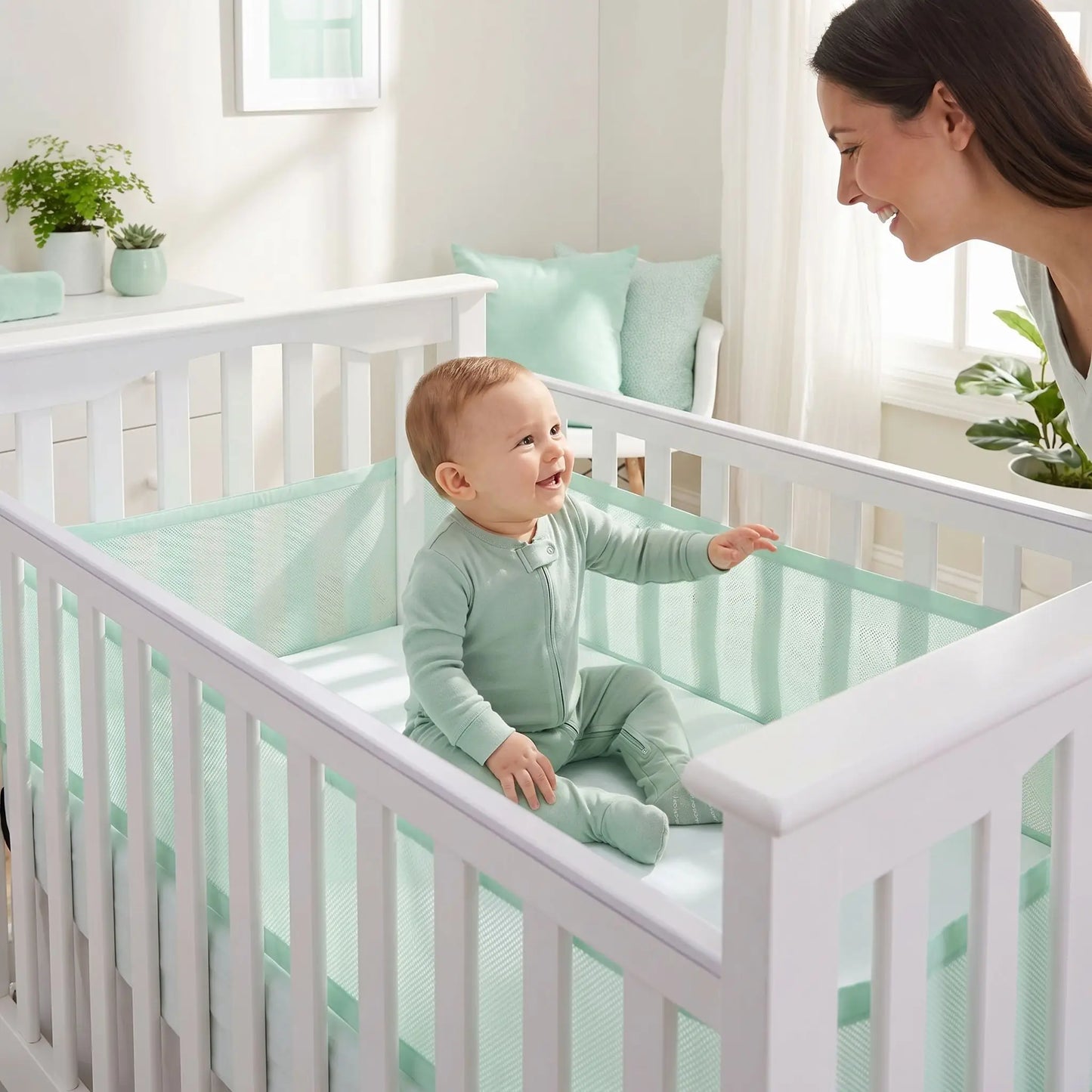 bébé assis dans son lit avec un tour de lit modulable vert sauge pour chambre bebe mixte Petitpasetmaman