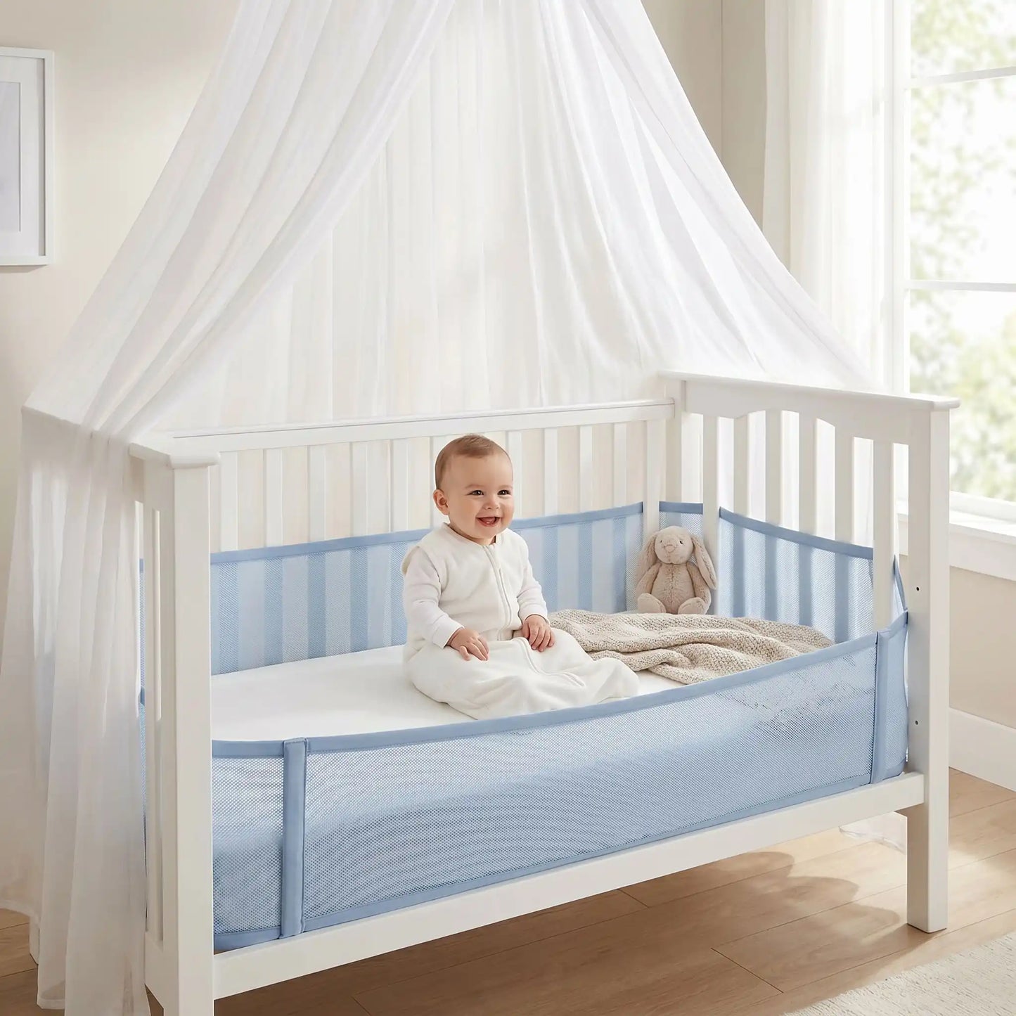 tour de lit respirant bébé bleu pour éviter surchauffe