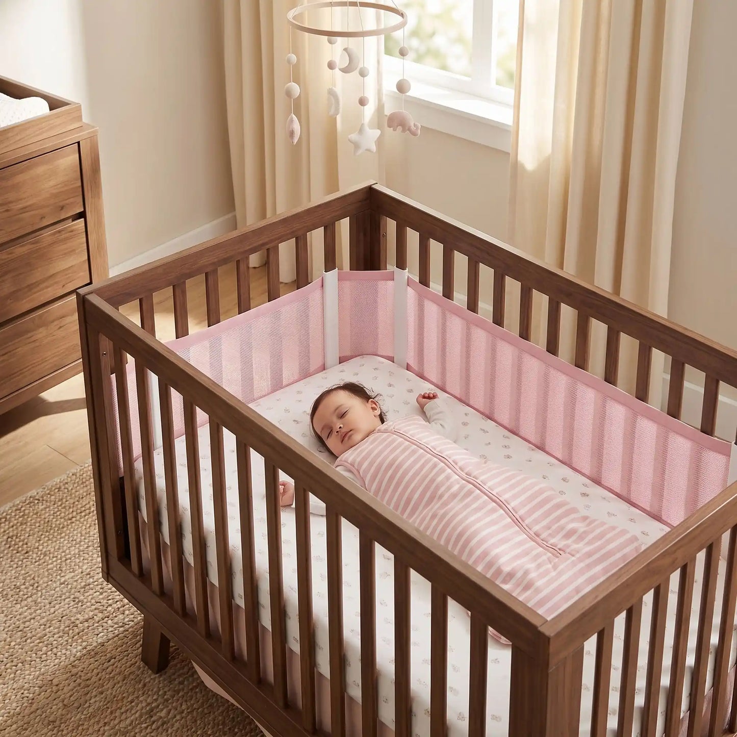 bébé fille dans sa gigoteuse qui dort paisiblement dans son lit en bois foncé entouré d'un tour de lit respirant 4 côtés rose
