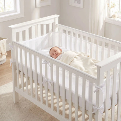 Bébé dort paisiblement en sécurité dans son lit grâce au tour de lit complet respirant blanc 4 côtés
