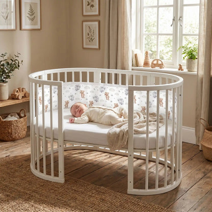 bébé qui dort dans un lit bébé ovale avec un tour de lit respirant contour complet motifs oursons dans une chambre style campagnard
