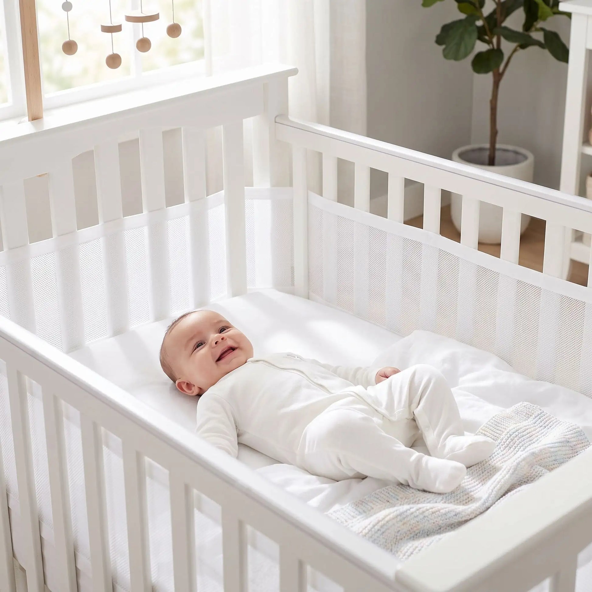 bébé qui sourit dans son lit entouré d'un tour de lit respirant blanc en maille mesh pour éviter l'étouffement