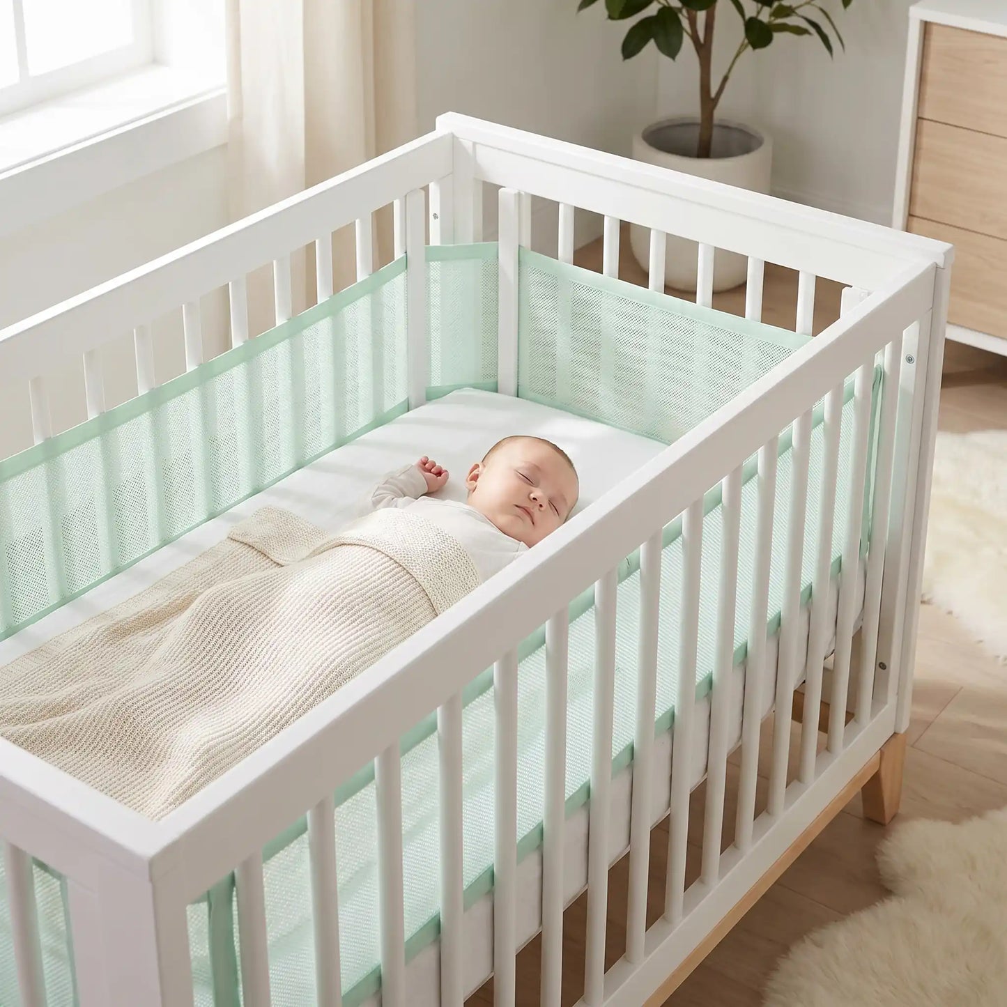 Bébé qui dort dans un lit à barreaux avec tour de lit respirant maille 3D vert sauge sécurisé
