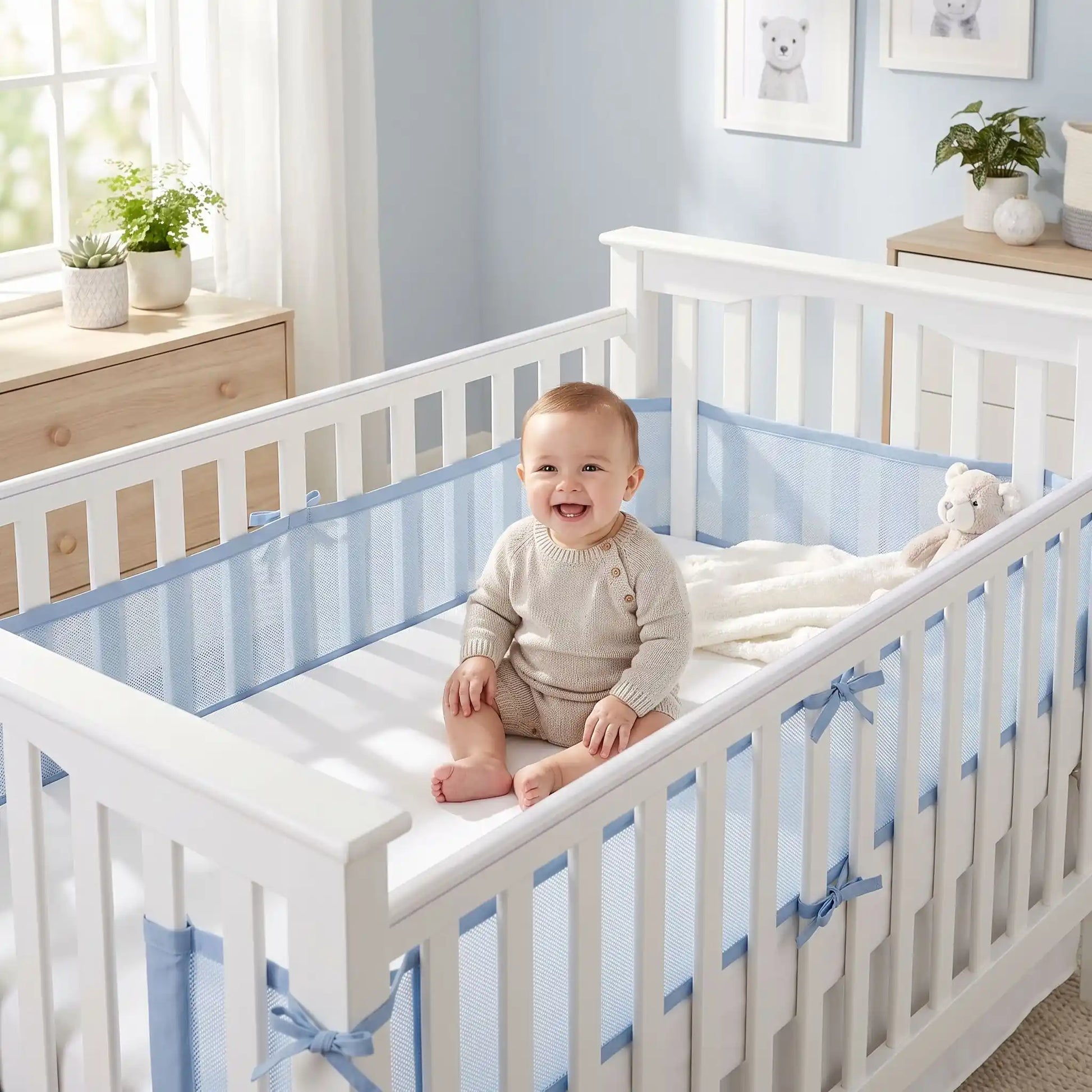 bébé assis dans son lit à barreaux blanc qui sourit avec un tour de lit respirant en maille mesh 3D bleu