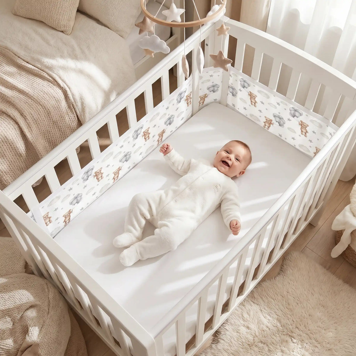 bébé qui sourit dans son lit avec un tour de lit respirant oursons pour tour complet du lit