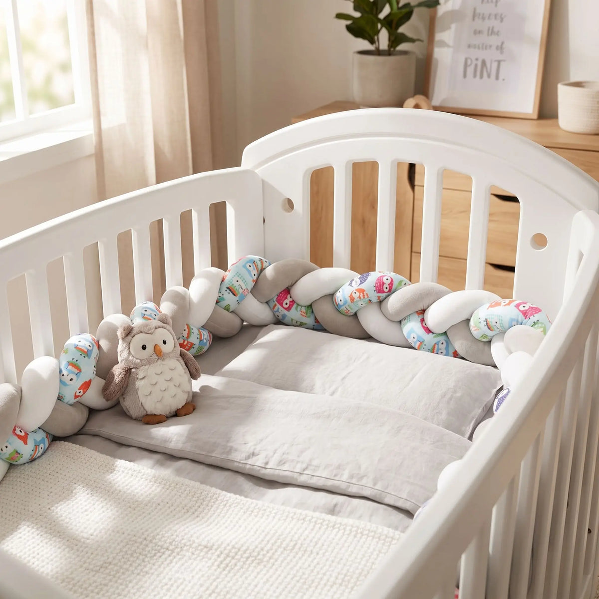 Tresse de lit protectrice pour bébé aux tons gris avec jolis motifs de petits hiboux